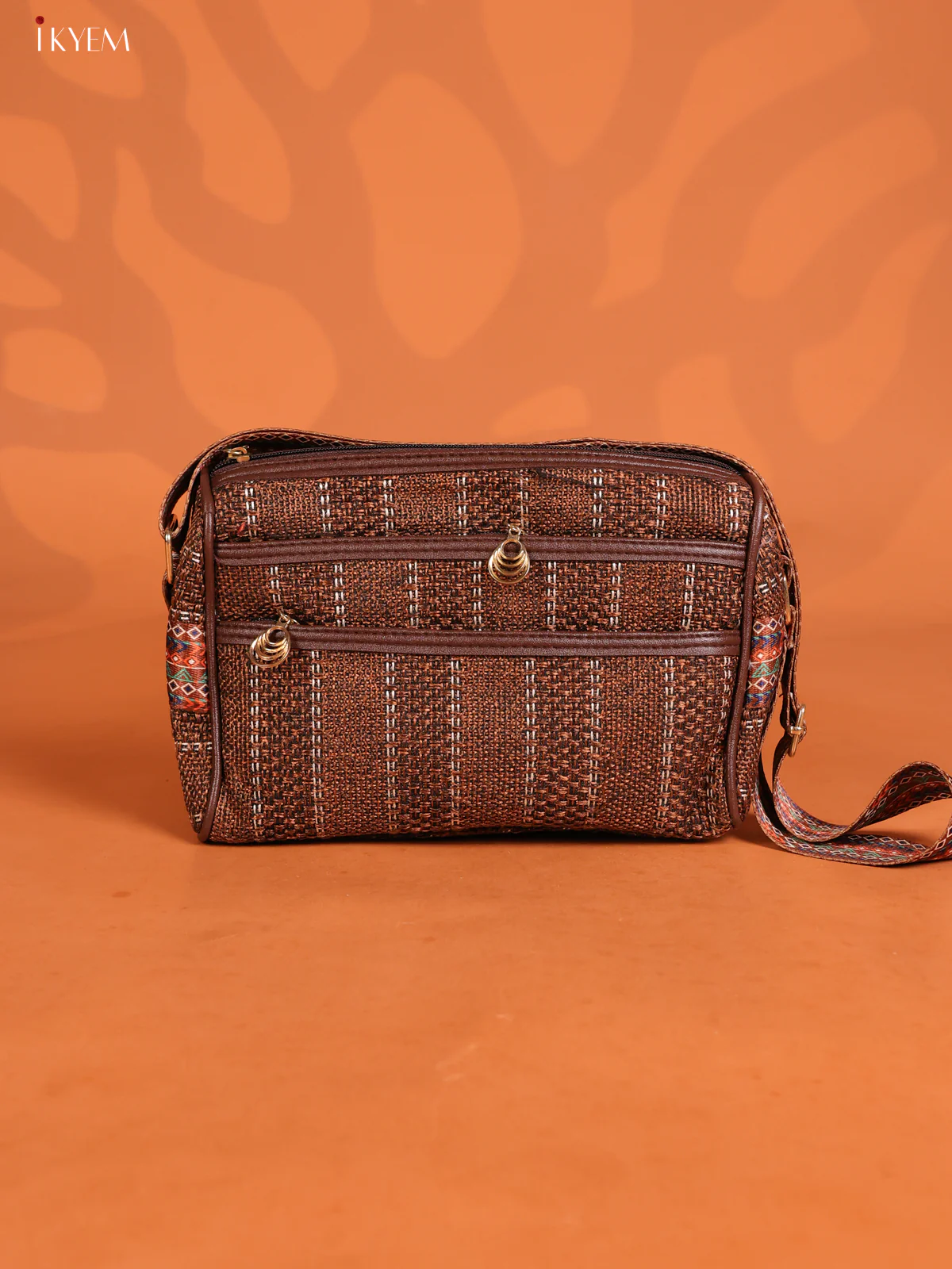 Jacquard Printed Sling Bag with 4 Compartments - Coffee Brown - KD26757