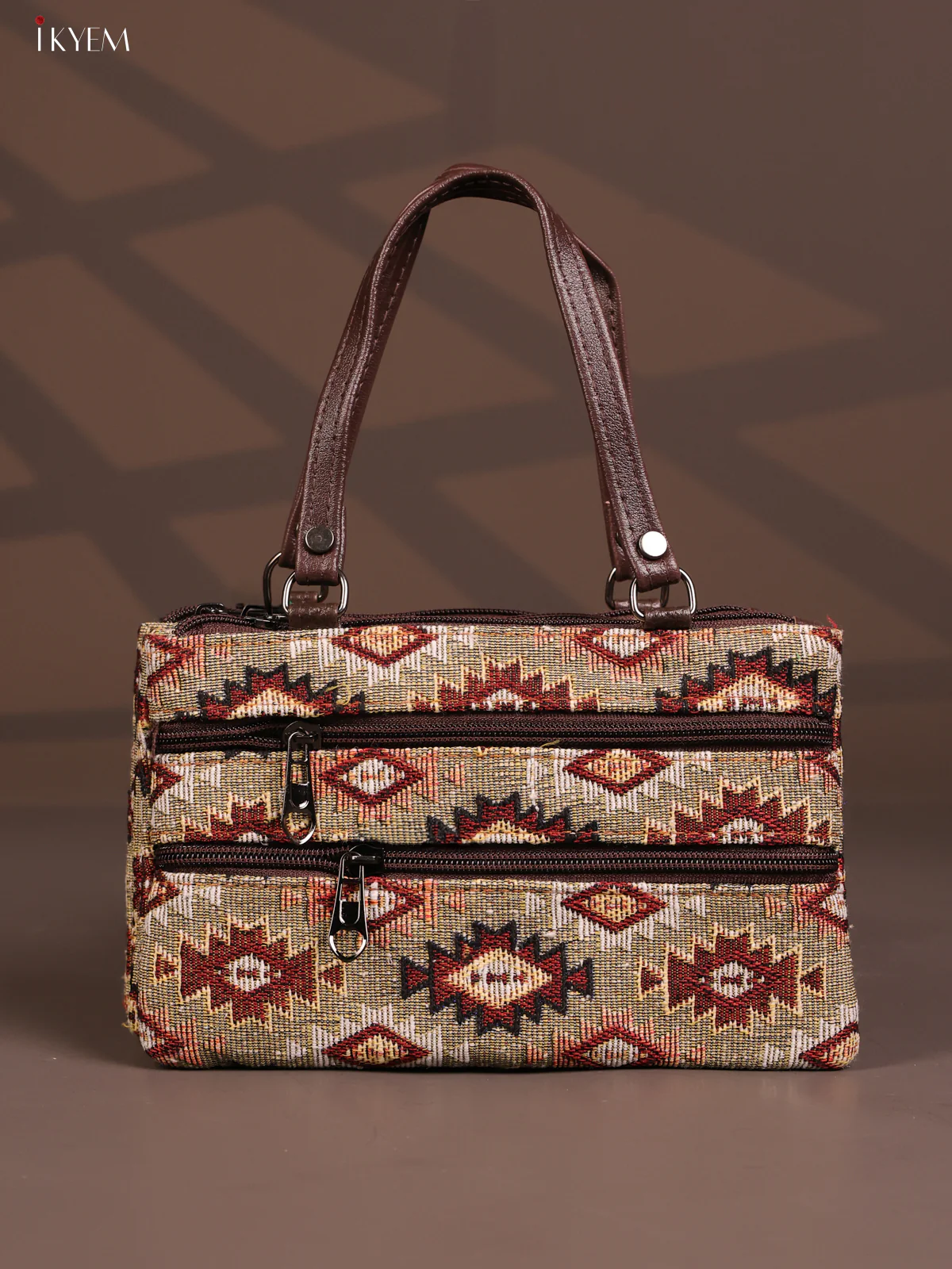 Jacquard Ikat Handy Handbag with 6 Compartments - Sandal - KD26763