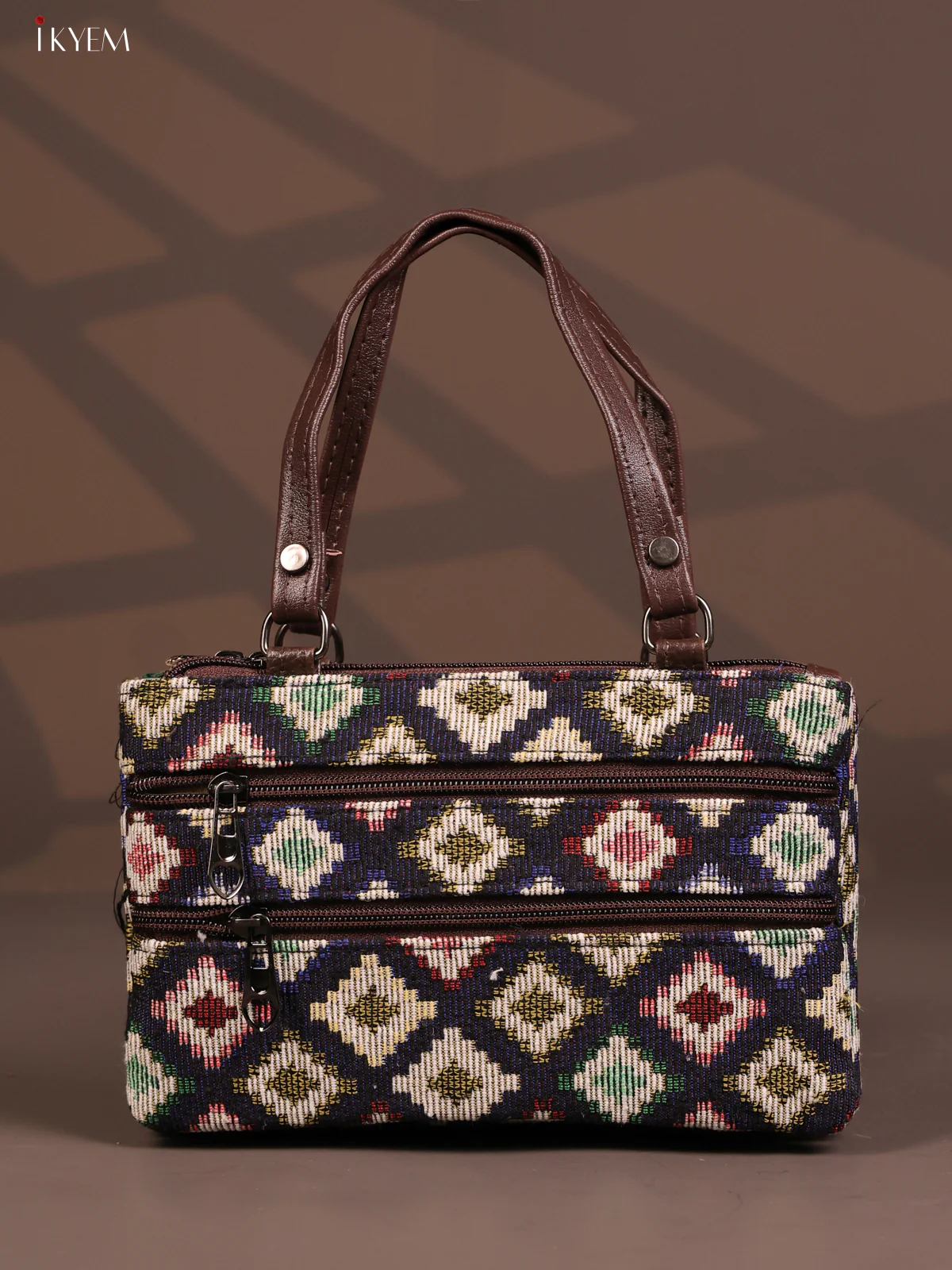 Jacquard Ikat Handy Handbag with 6 Compartments - Navy Blue - KD26766