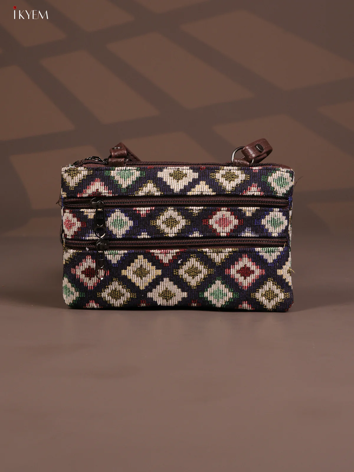 Jacquard Ikat Handy Handbag with 6 Compartments - Navy Blue - KD26766 - Image 3