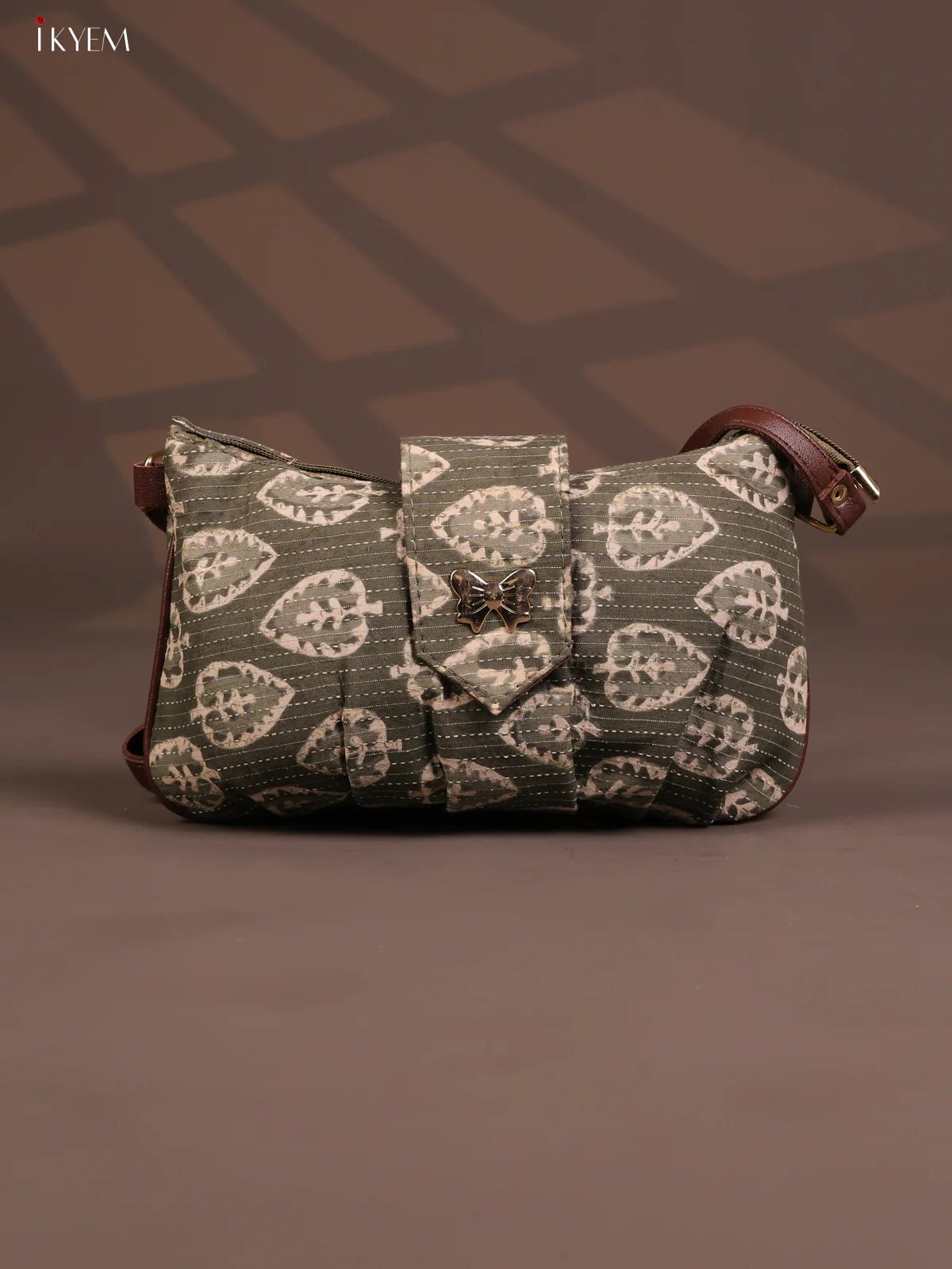 Floral Cotton Leather Sling Bag with 2 Compartments - Green - KD26767