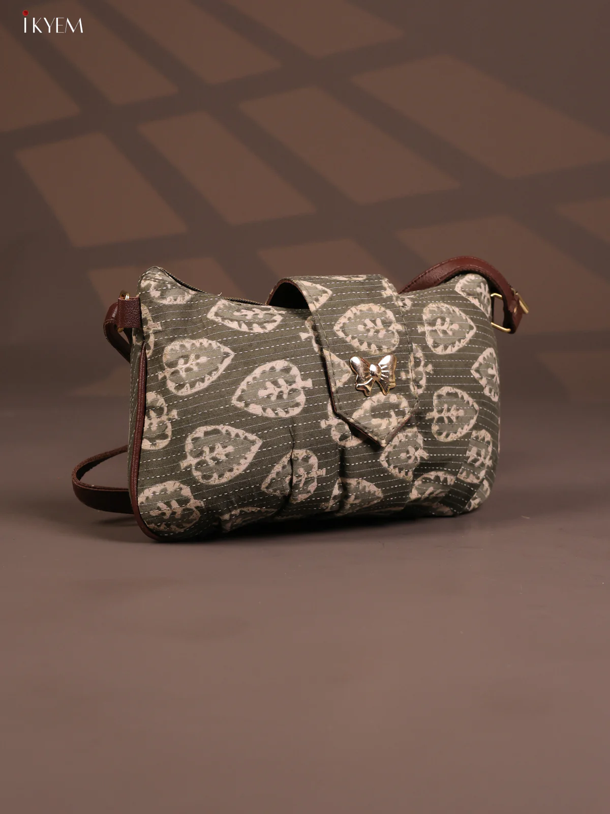 Floral Cotton Leather Sling Bag with 2 Compartments - Green - KD26767 - Image 2