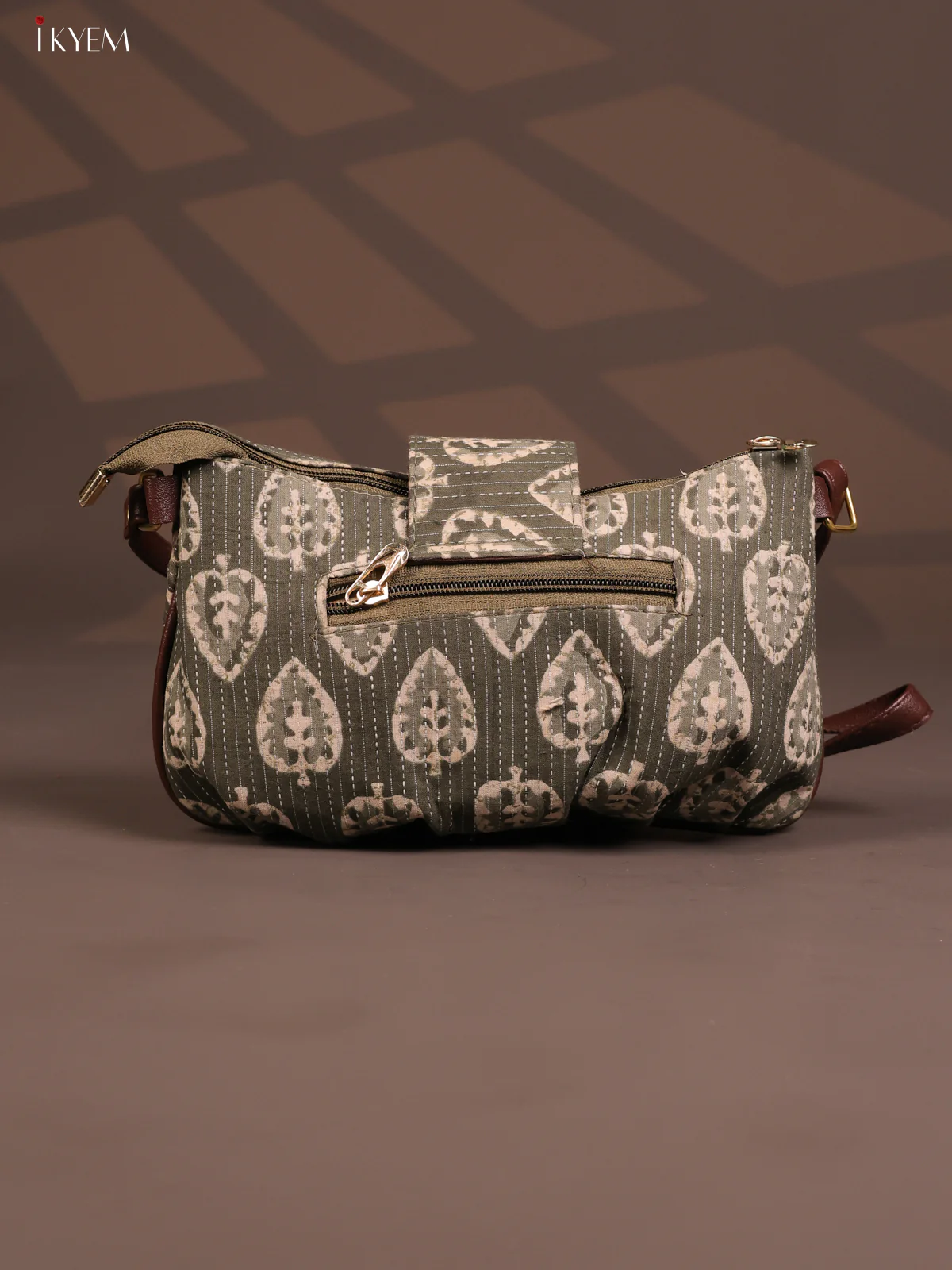 Floral Cotton Leather Sling Bag with 2 Compartments - Green - KD26767 - Image 3