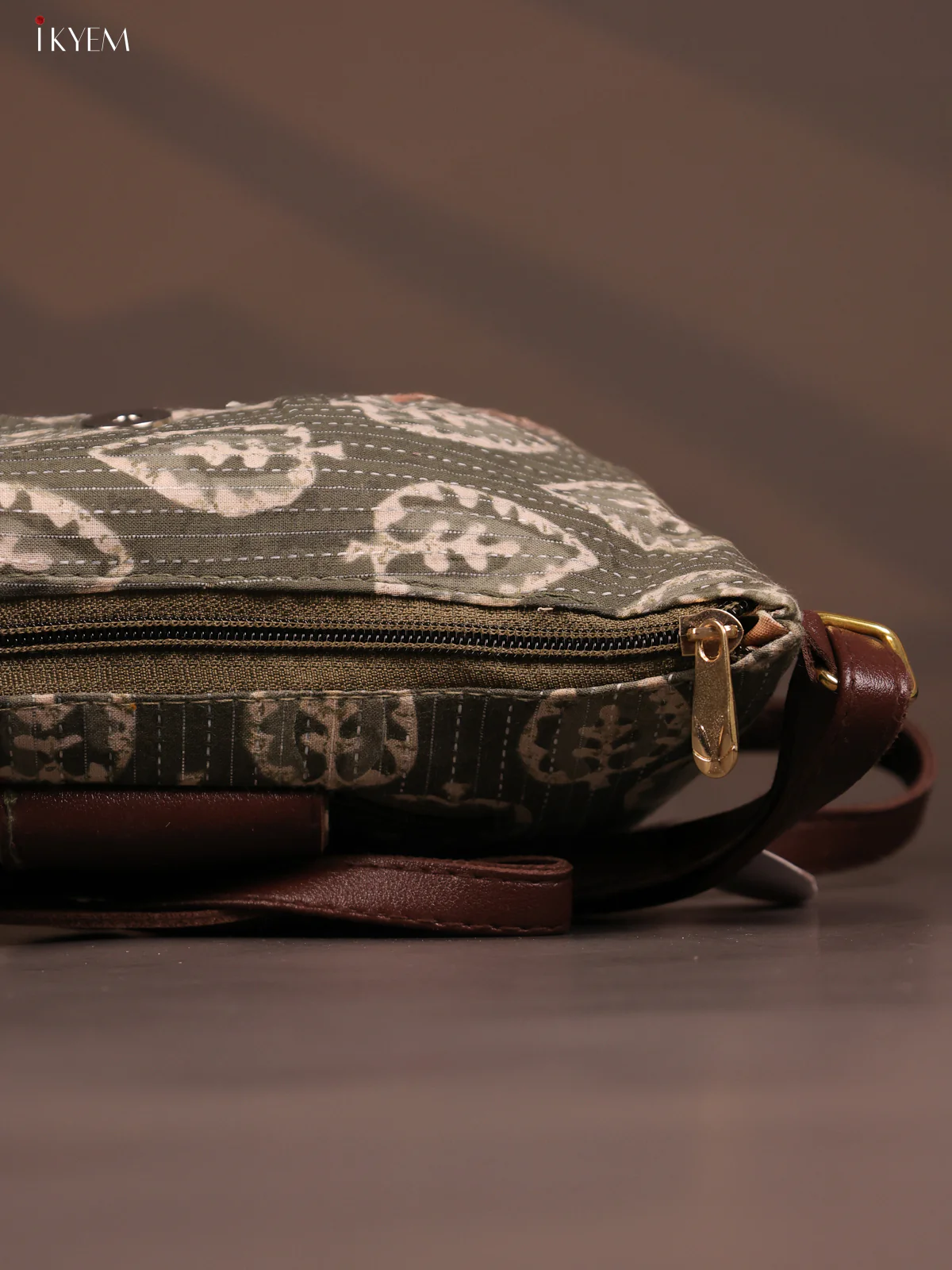 Floral Cotton Leather Sling Bag with 2 Compartments - Green - KD26767 - Image 5