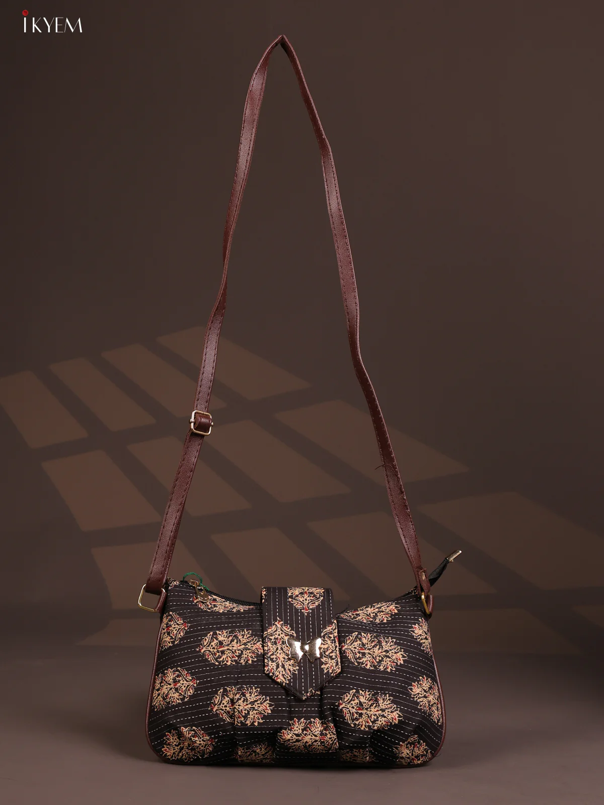Floral Cotton Leather Sling Bag with 2 Compartments - Black - KD26768 - Image 4
