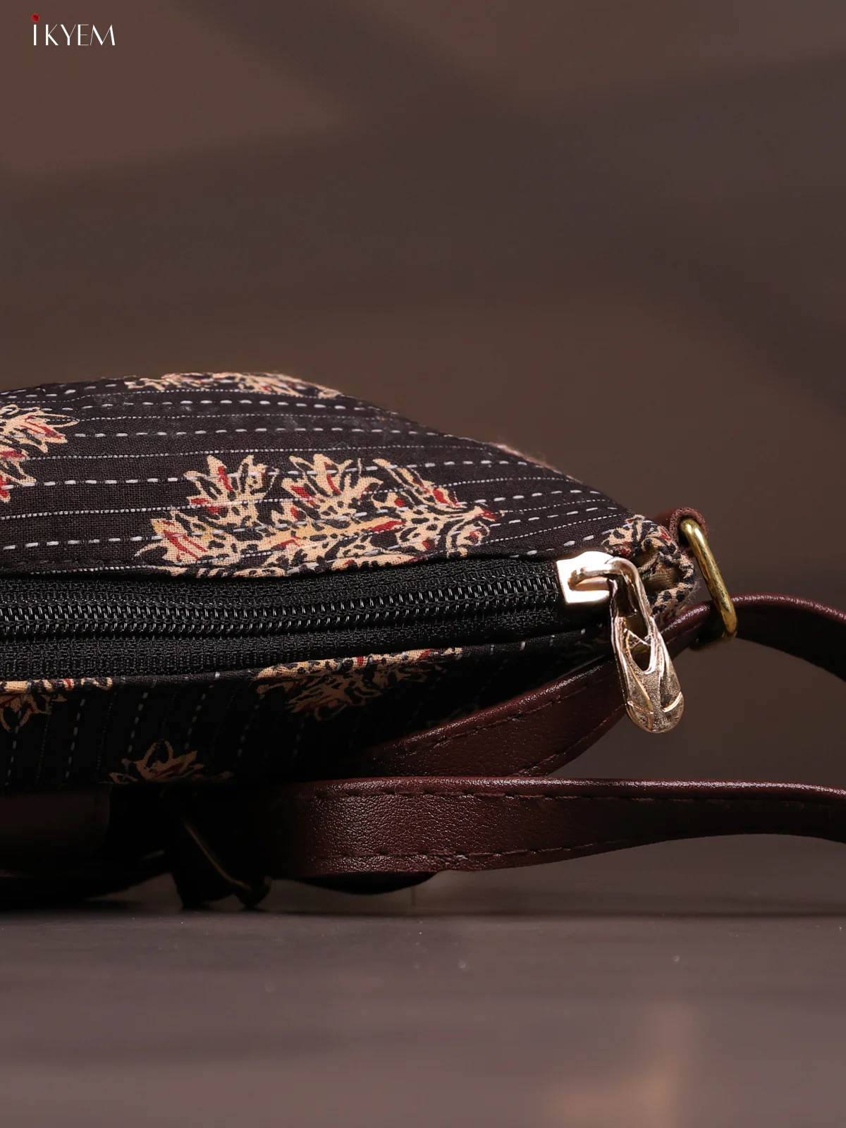 Floral Cotton Leather Sling Bag with 2 Compartments - Black - KD26768 - Image 5