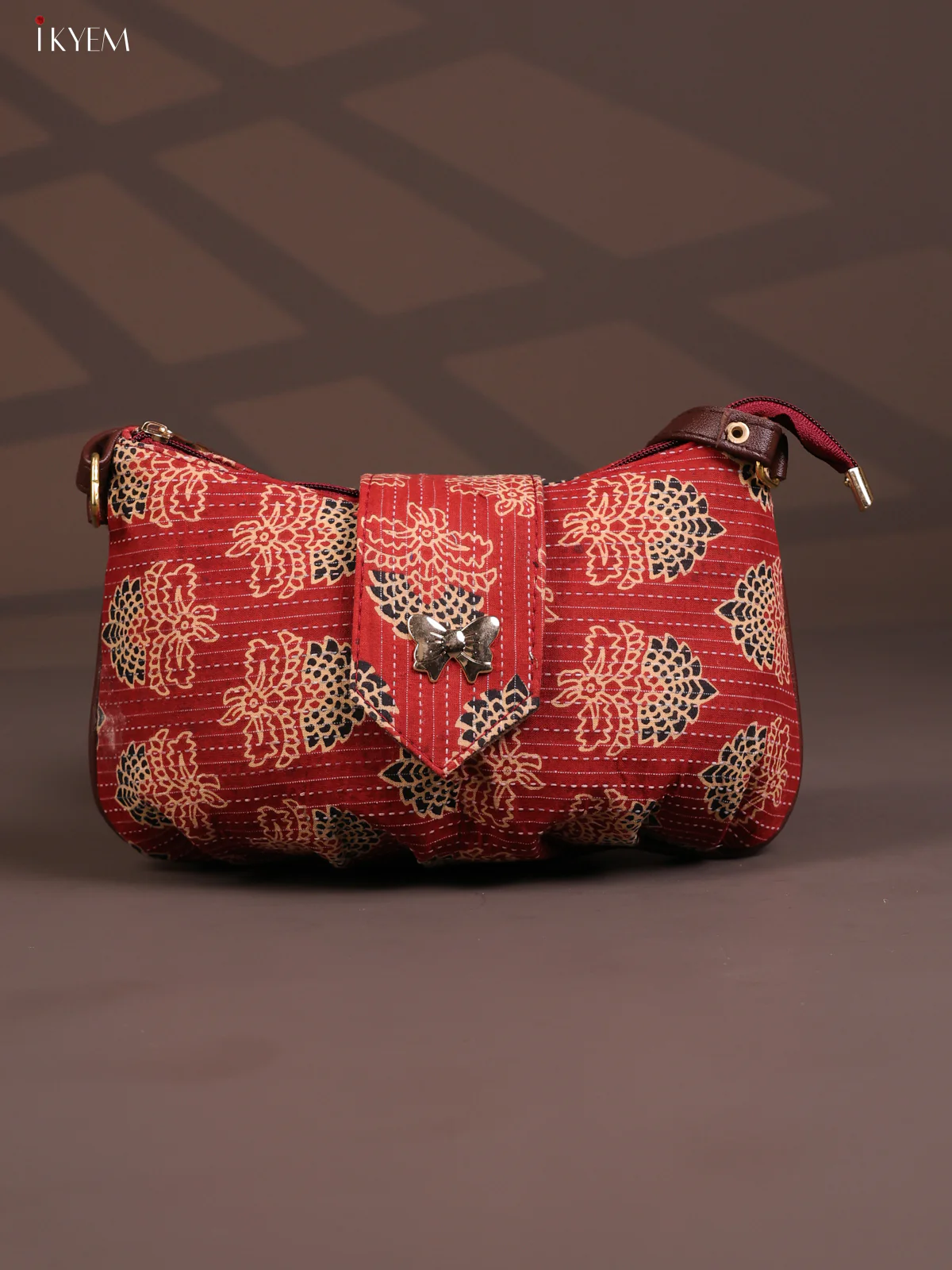 Floral Cotton Leather Sling Bag with 2 Compartments - Red - KD26769