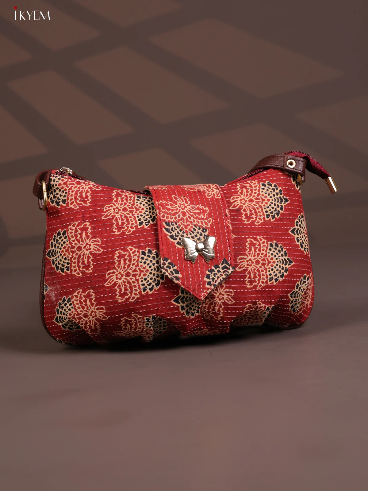 Floral Cotton Leather Sling Bag with 2 Compartments - Red - KD26769 - Image 2