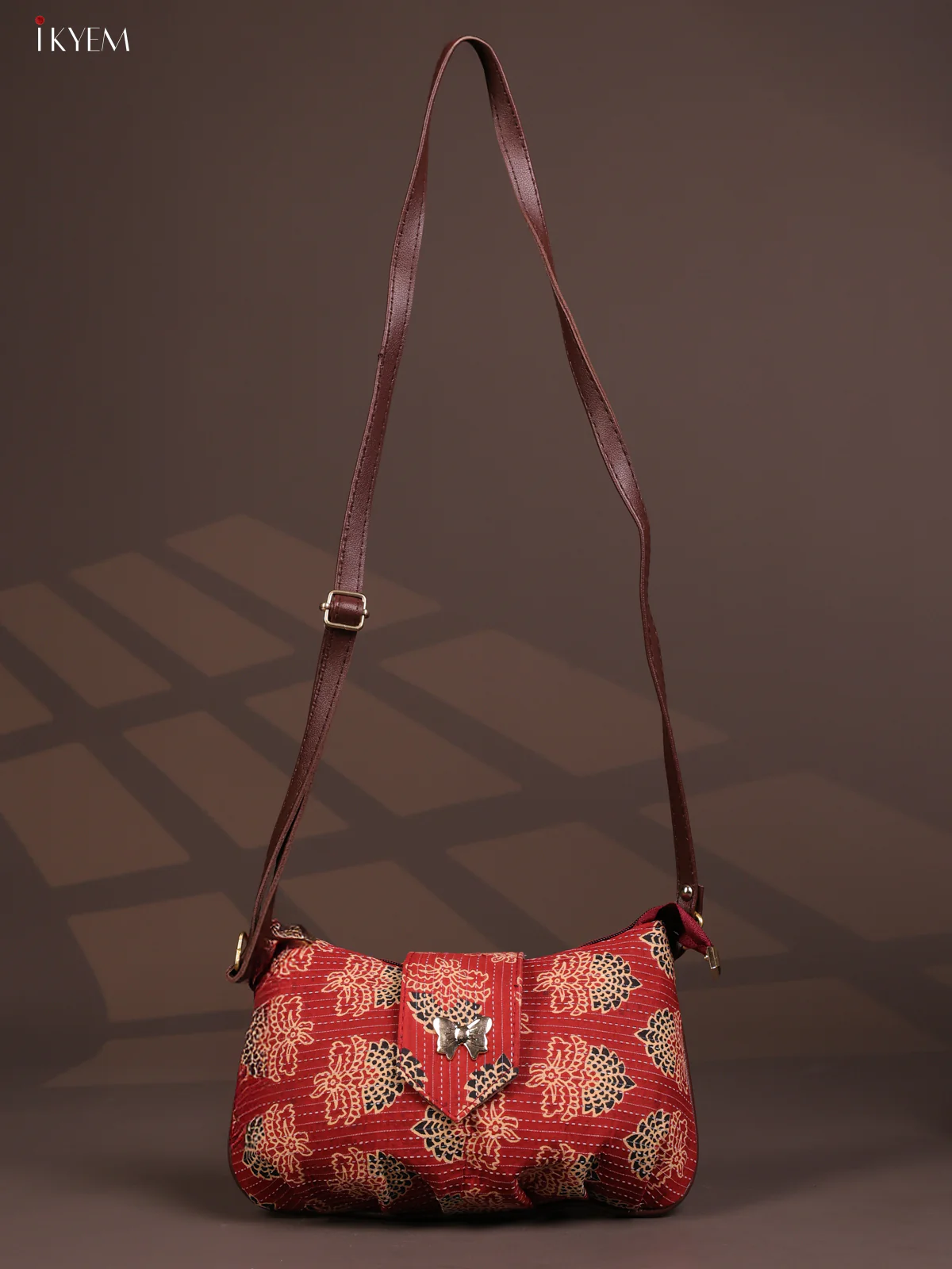 Floral Cotton Leather Sling Bag with 2 Compartments - Red - KD26769 - Image 4