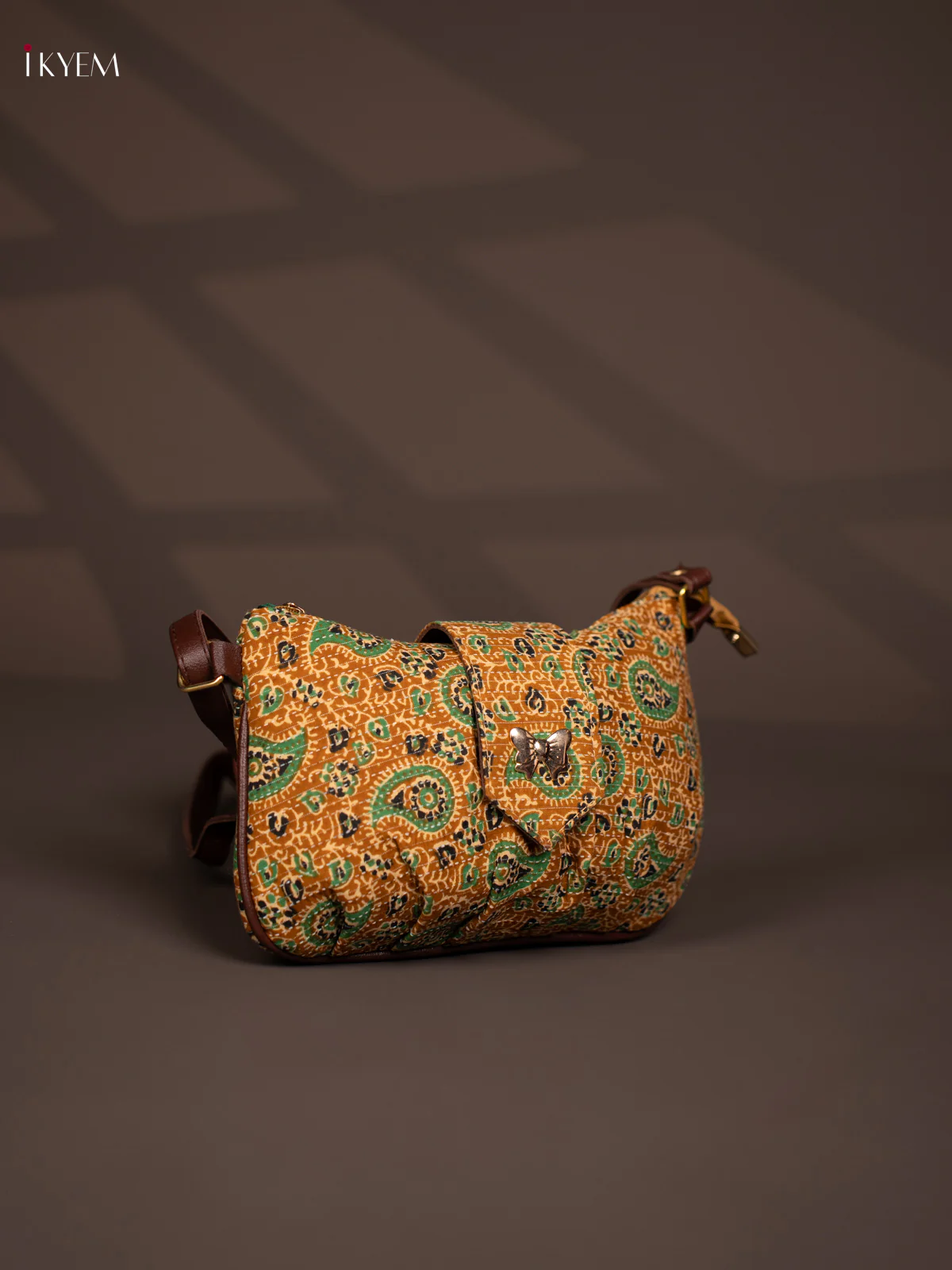 Pasiley Cotton Leather Sling Bag with 2 Compartments - Mustard - KD26770