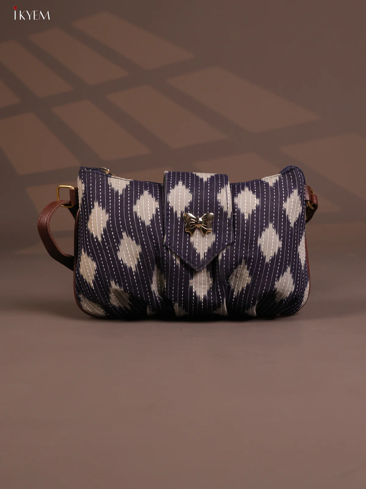 Ikat Cotton Leather sling Bag with 2 Compartments - Gray - KD26772