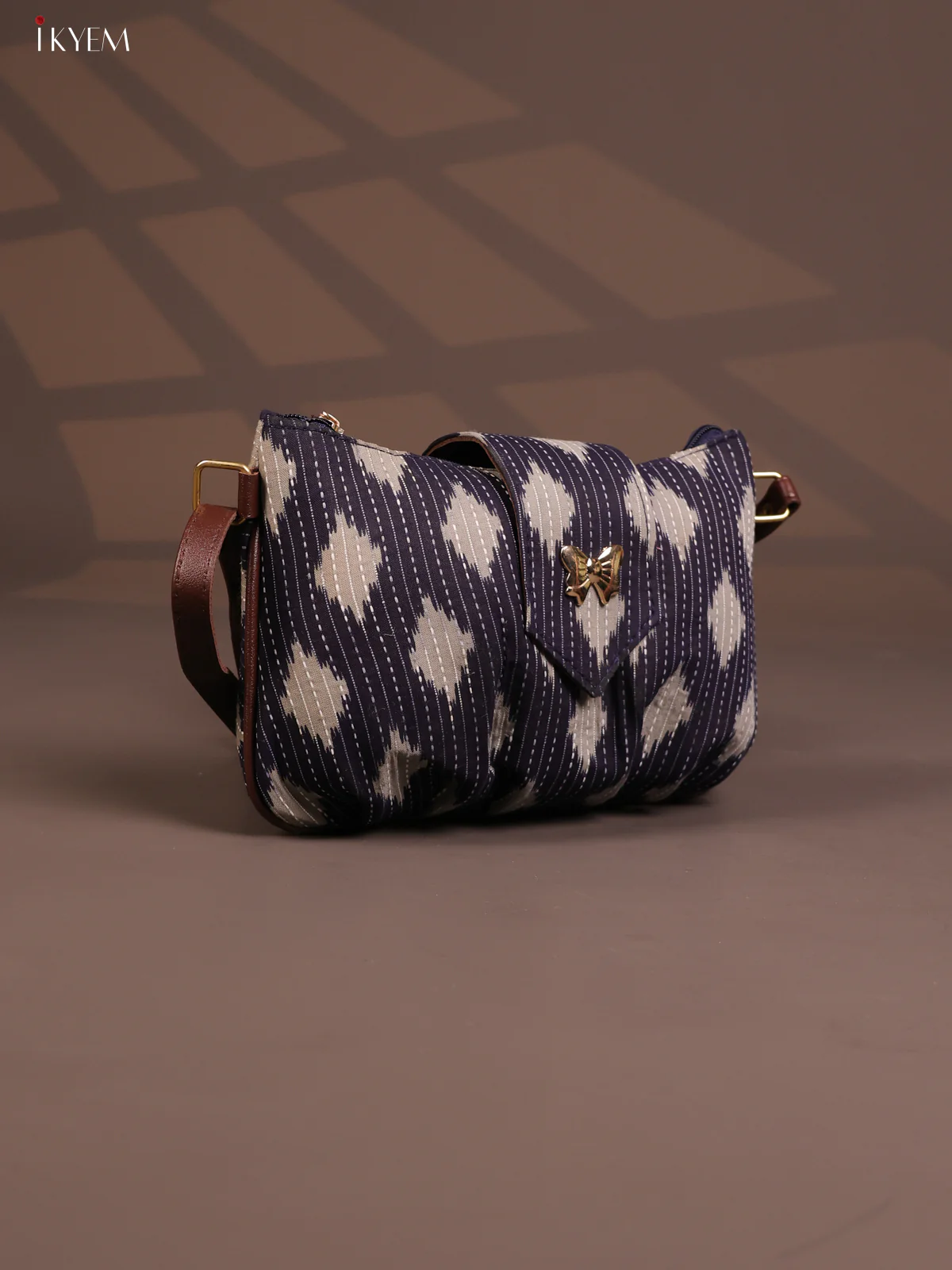 Ikat Cotton Leather sling Bag with 2 Compartments - Gray - KD26772 - Image 2