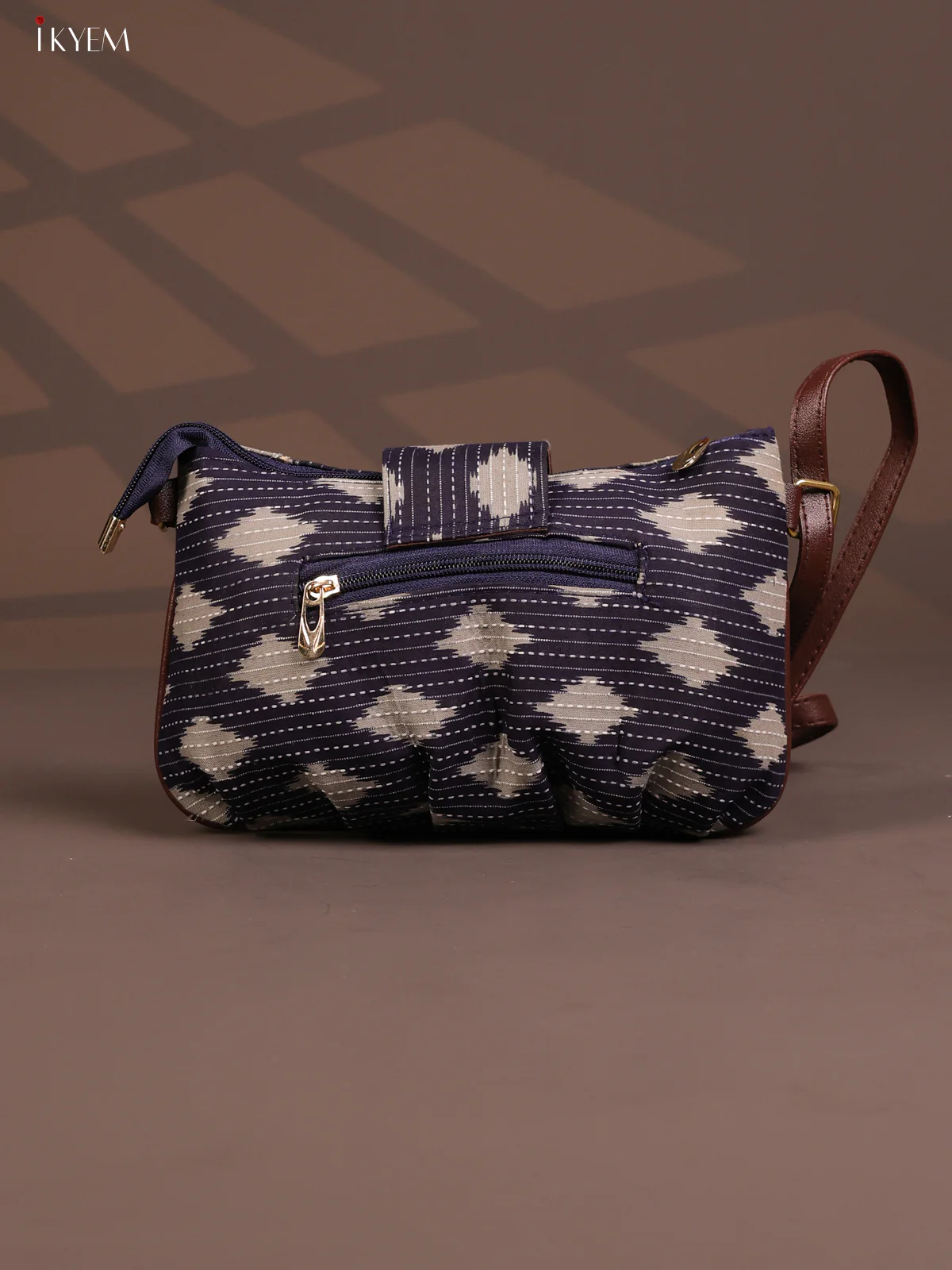 Ikat Cotton Leather sling Bag with 2 Compartments - Gray - KD26772 - Image 3