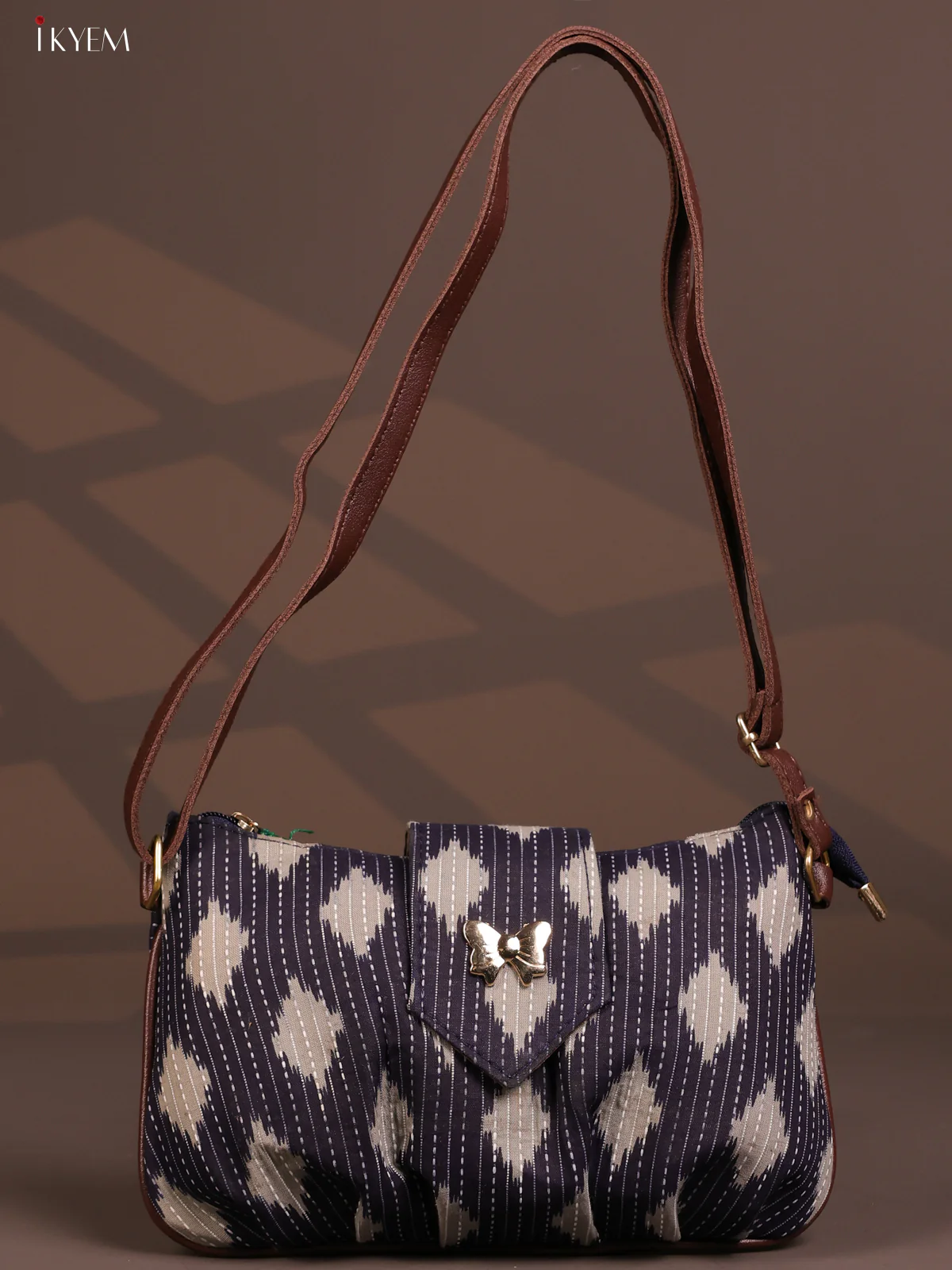 Ikat Cotton Leather sling Bag with 2 Compartments - Gray - KD26772 - Image 4