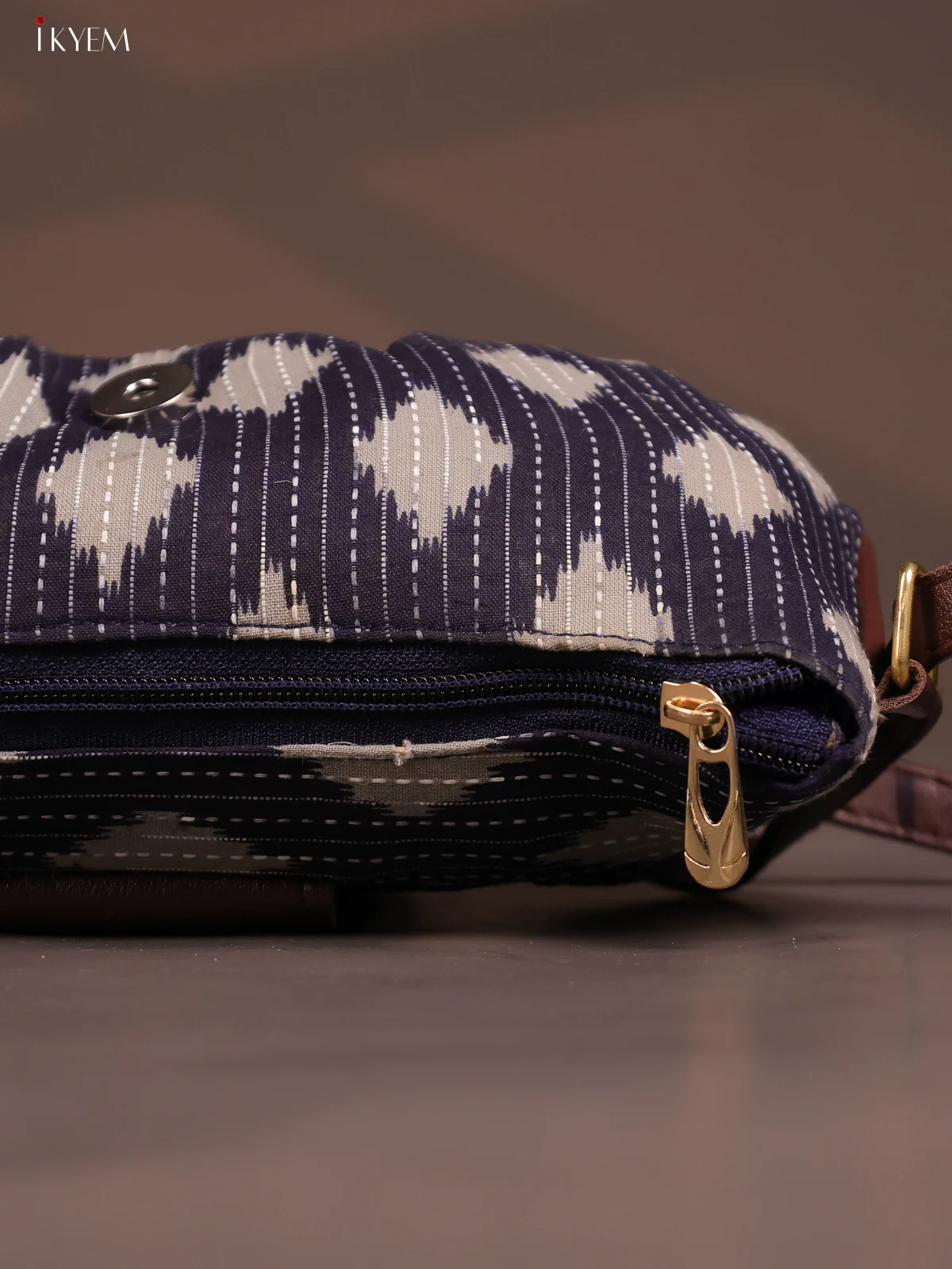 Ikat Cotton Leather sling Bag with 2 Compartments - Gray - KD26772 - Image 5