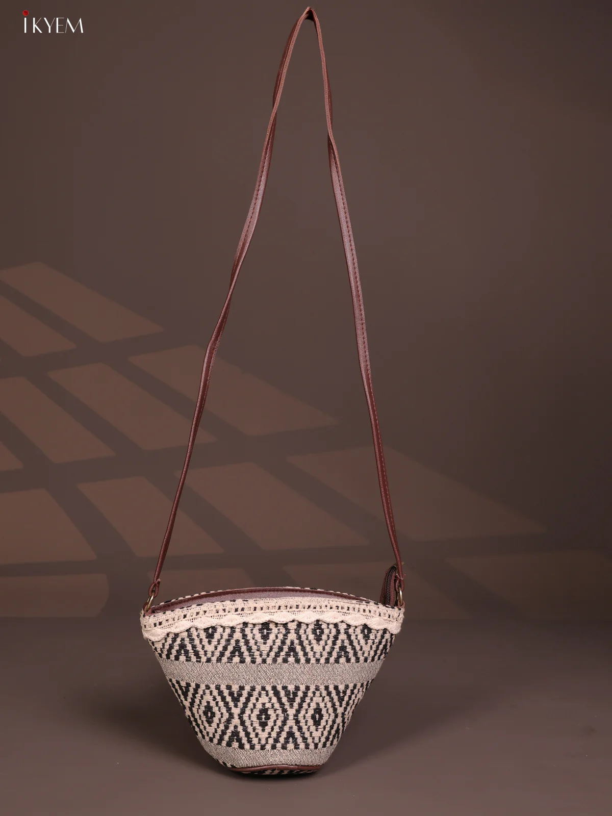 Jacquard Geometric Leather Sling Bag with 1 Compartments - Black with Sandal - KD26779 - Image 3