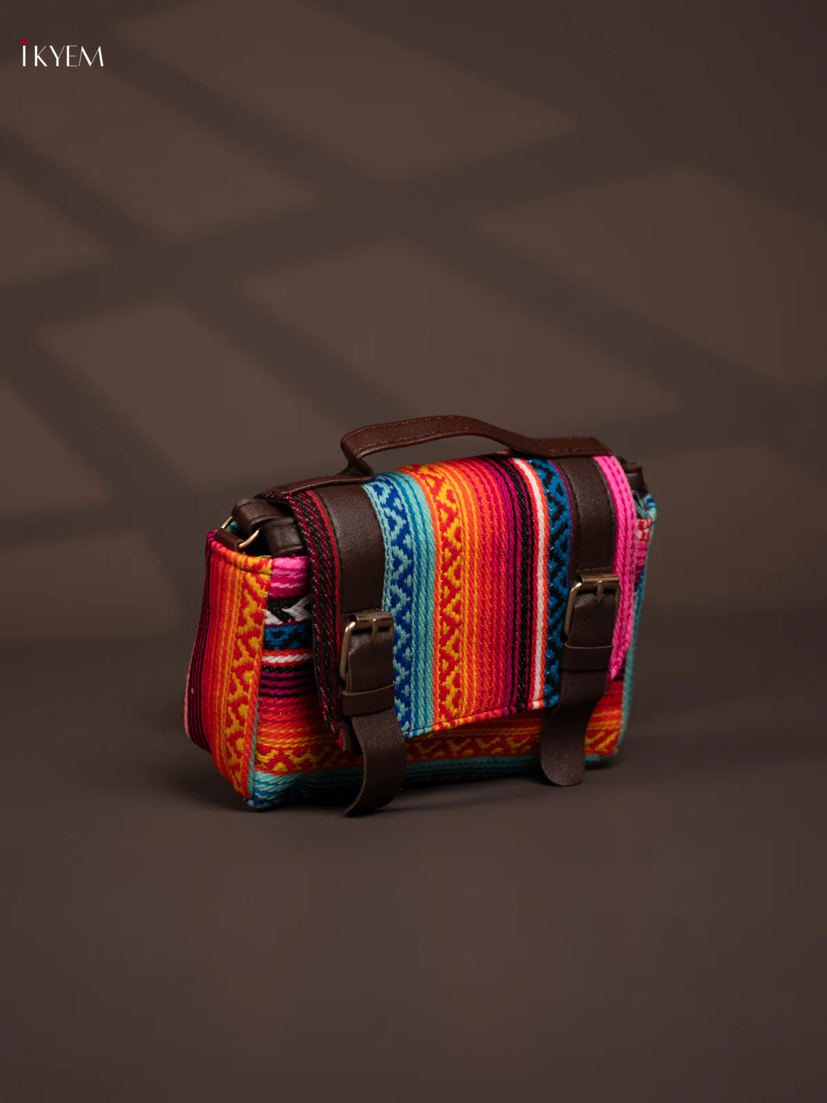 Jacquard Flap Embroidery Leather Sling Bag with 3 Compartments - Multi Colour - KD26785