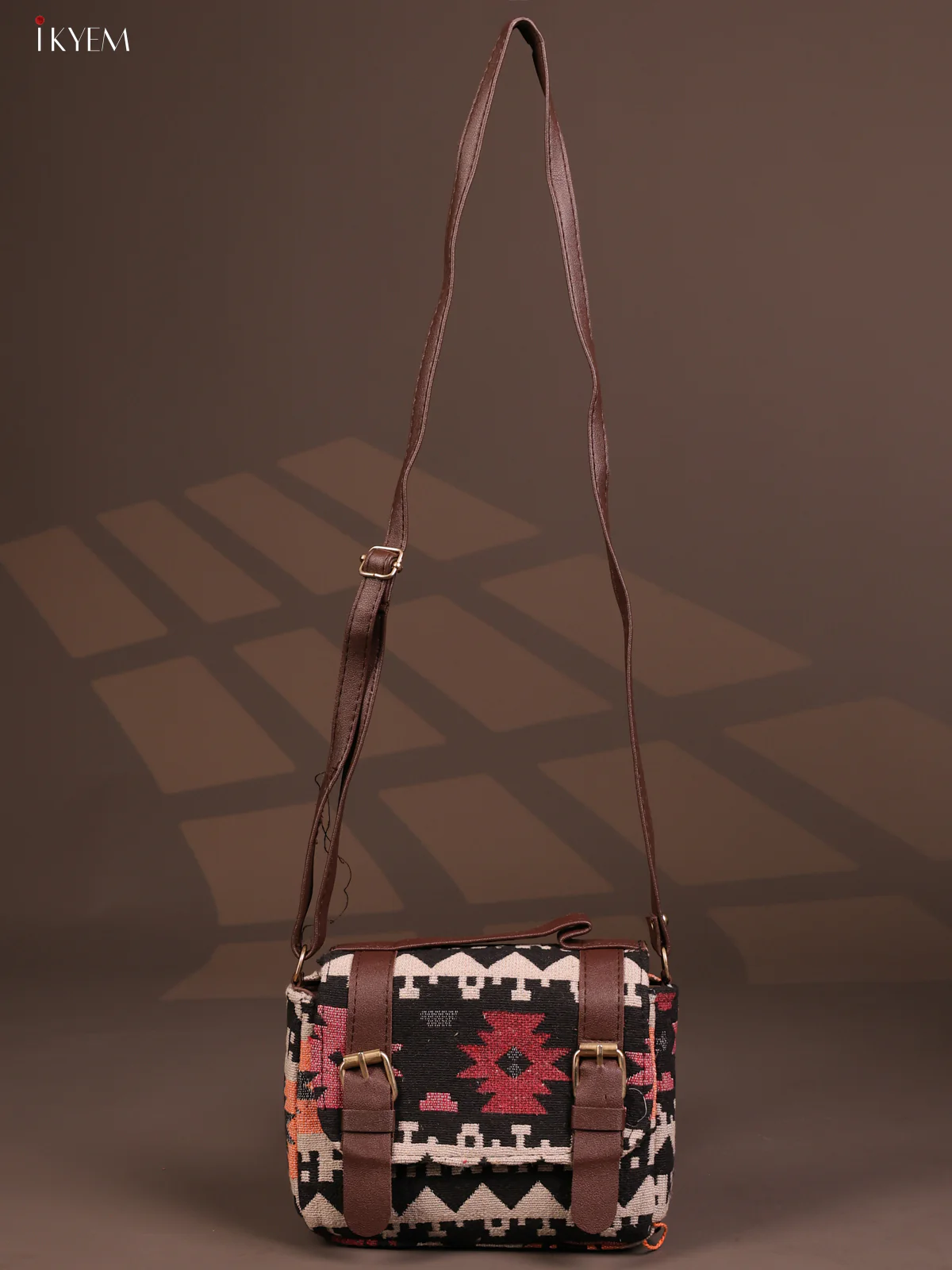 Jacquard Flap Leather Sling Bag with 3 Compartments - Multi Colour - KD26789 - Image 4