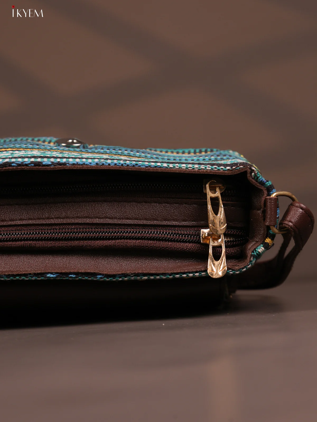 Jacquard Flap Embroidery Leather Sling Bag with 3 Compartments - Blue - KD26791 - Image 5