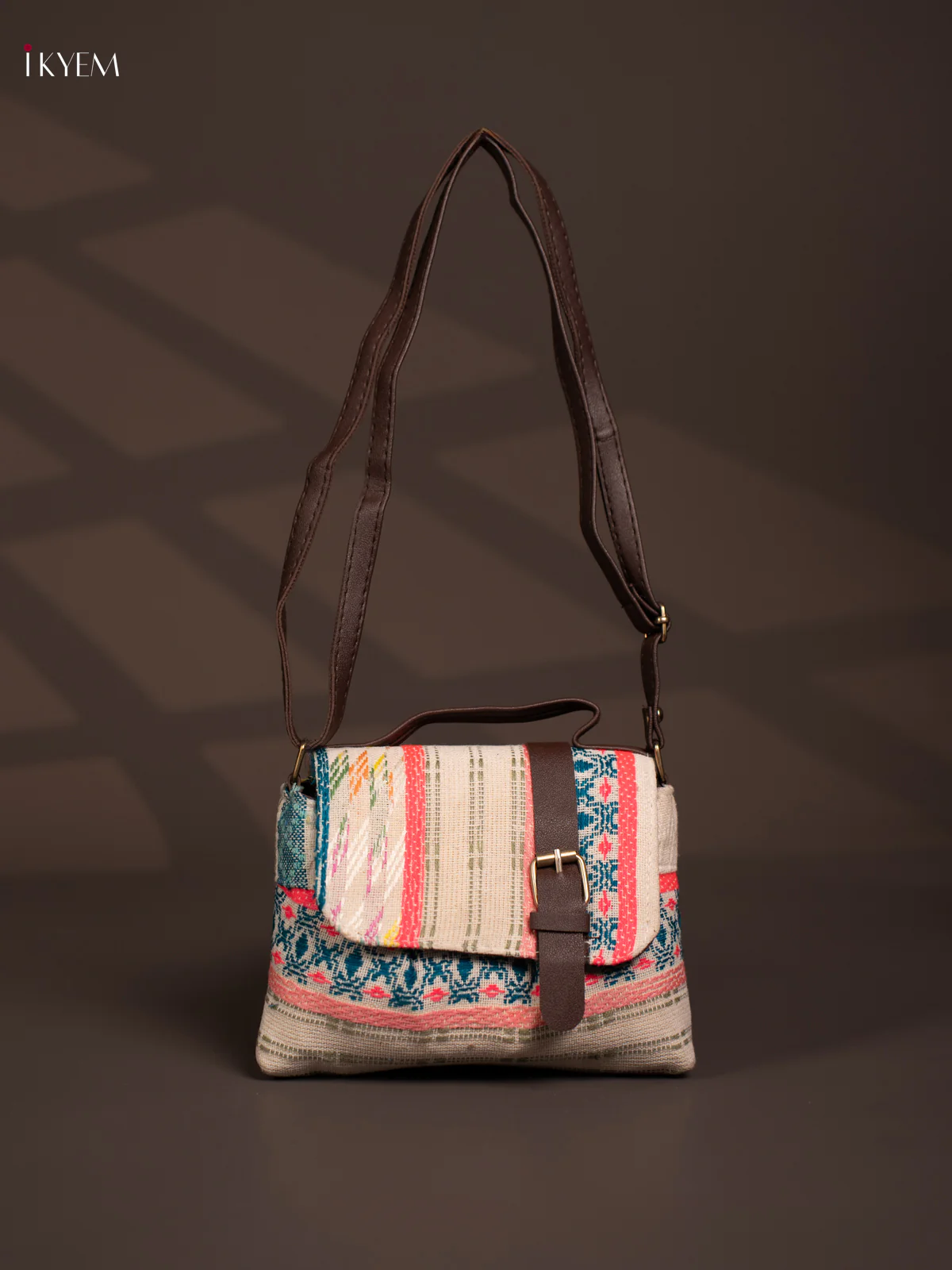 Jacquard Flap Embroidery Leather Sling Bag with 2 Compartments - Multi Colour - KD26792 - Image 4