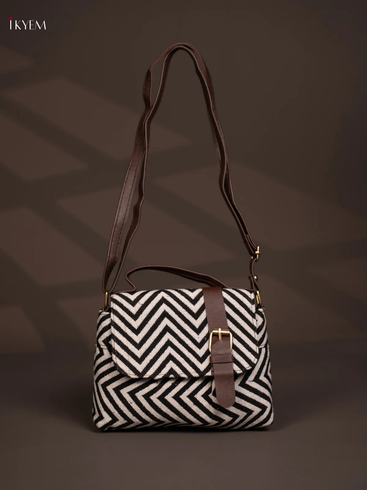 Jacquard Flap Zigzag Leather Sling Bag with 3 Compartments - Multi Colour - KD26795 - Image 4