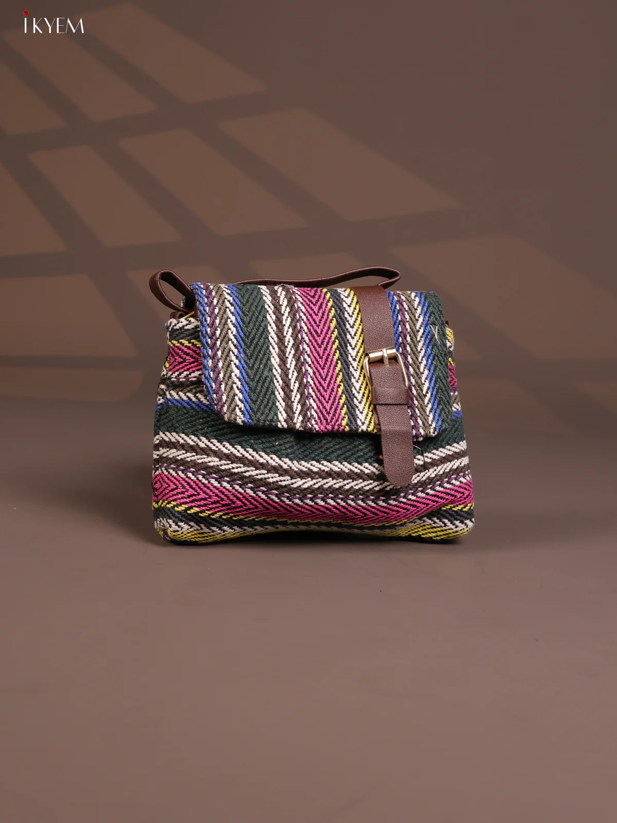 Jacquard Flap Embroidery Leather Sling Bag with 2 Compartments - Multi Colour - KD26798 - Image 2
