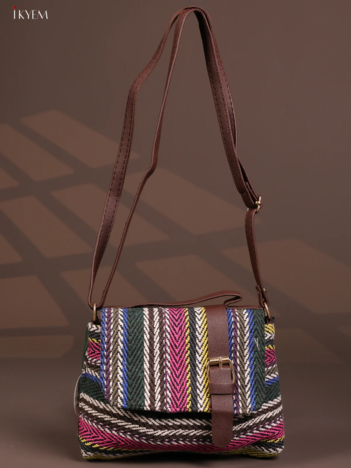 Jacquard Flap Embroidery Leather Sling Bag with 2 Compartments - Multi Colour - KD26798 - Image 4