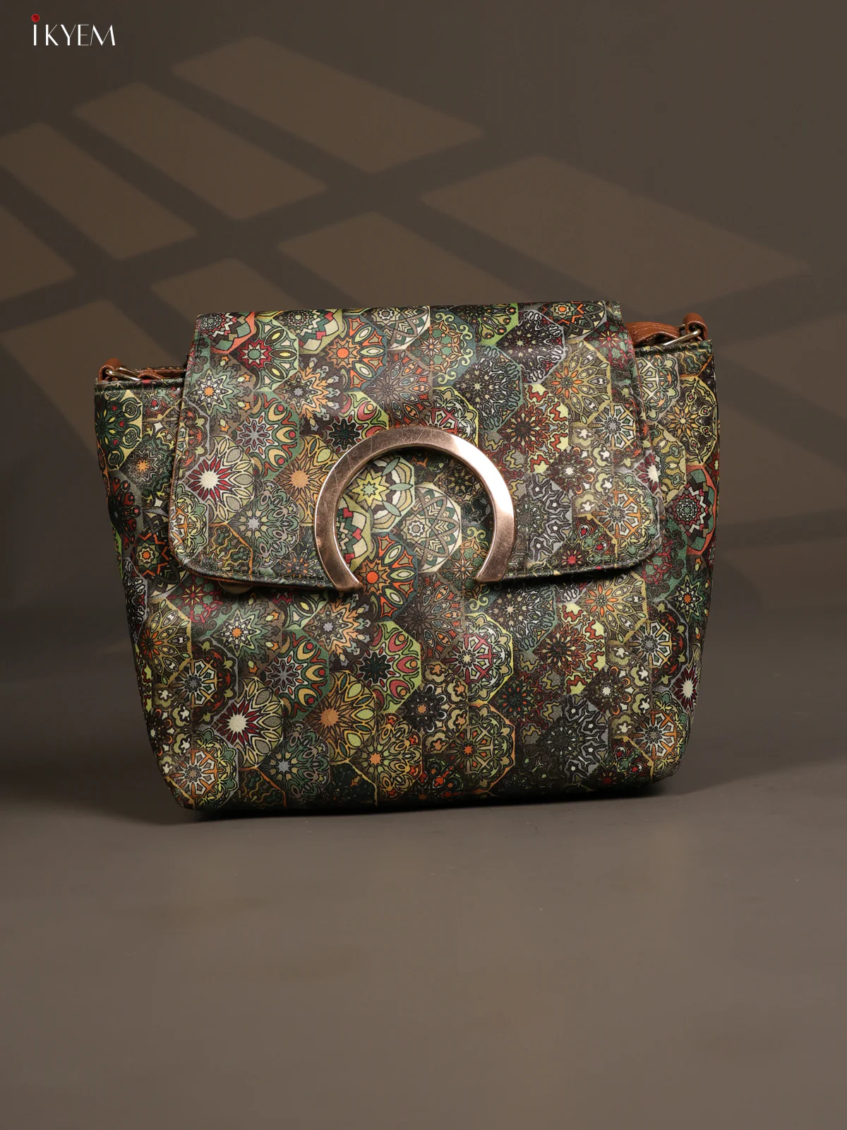 Ajrakh Flap Leather sling bag with 3 compartments - Green - KD26801