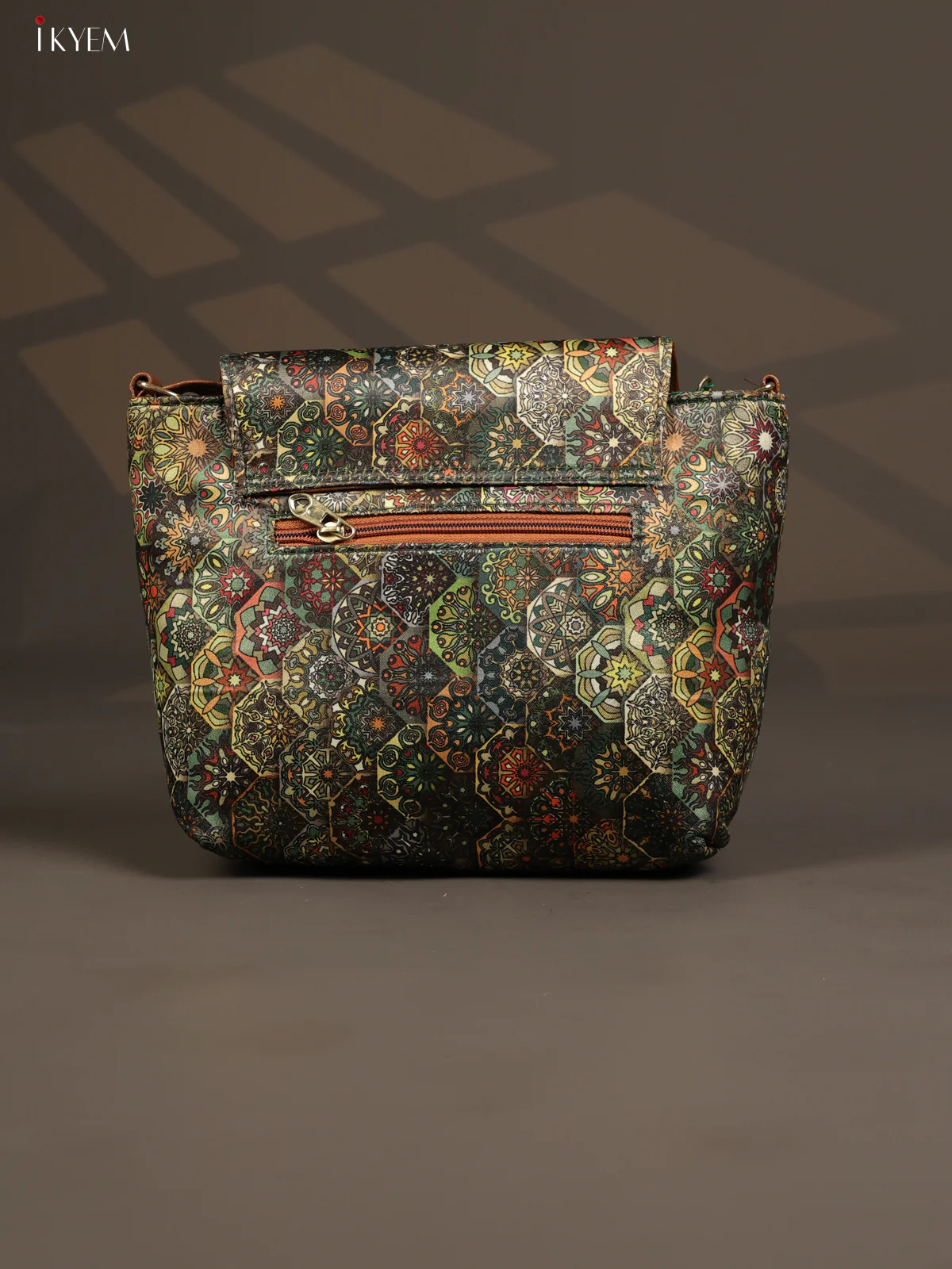 Ajrakh Flap Leather sling bag with 3 compartments - Green - KD26801 - Image 3
