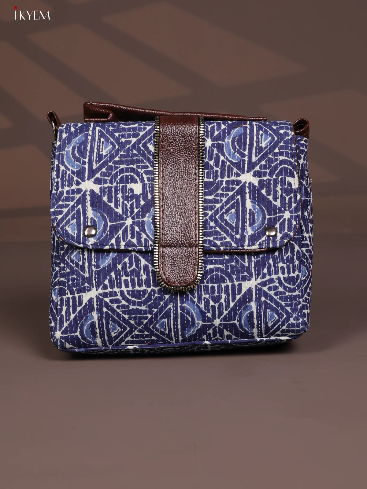 Geometric Pattern Leather Flap Sling Bag with 3 Compartments Bag- Navy Blue - KD26809
