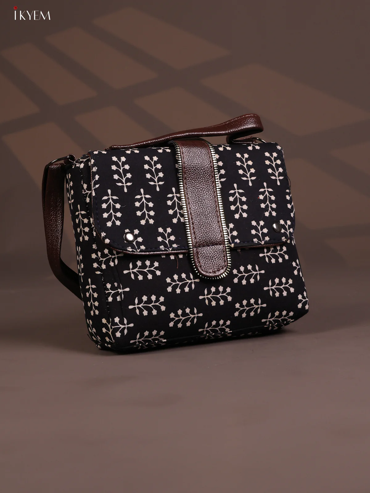 Floral Pattern Leather Flap Sling Bag with 3 Compartments - Black with White - KD26812 - Image 2