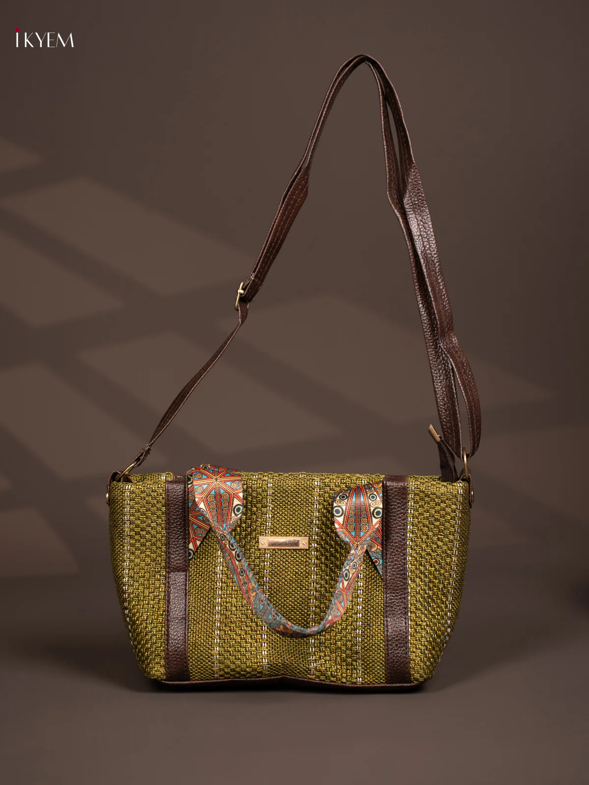 Jute Printed Handle with Leather Sling Handbag - Green - KD26829 - Image 4