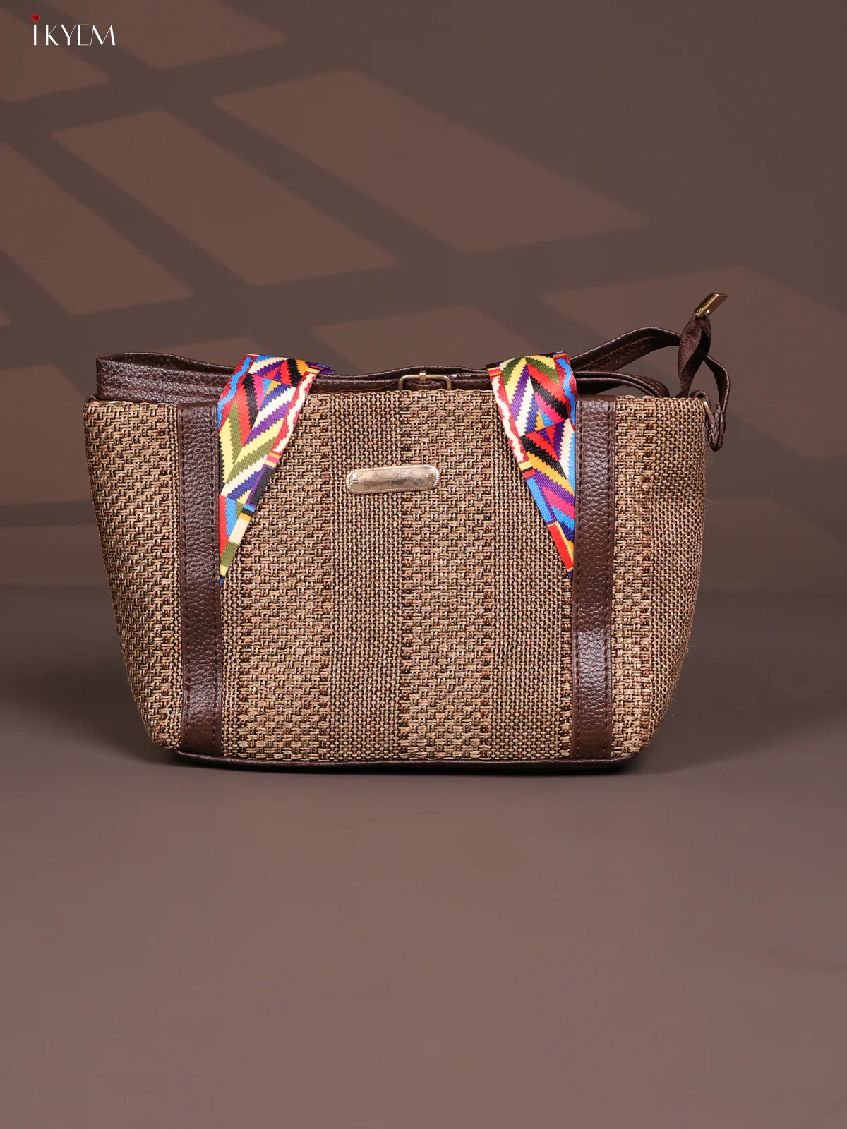Jute Printed Handle with Leather Sling Handbag - Brown - KD26830