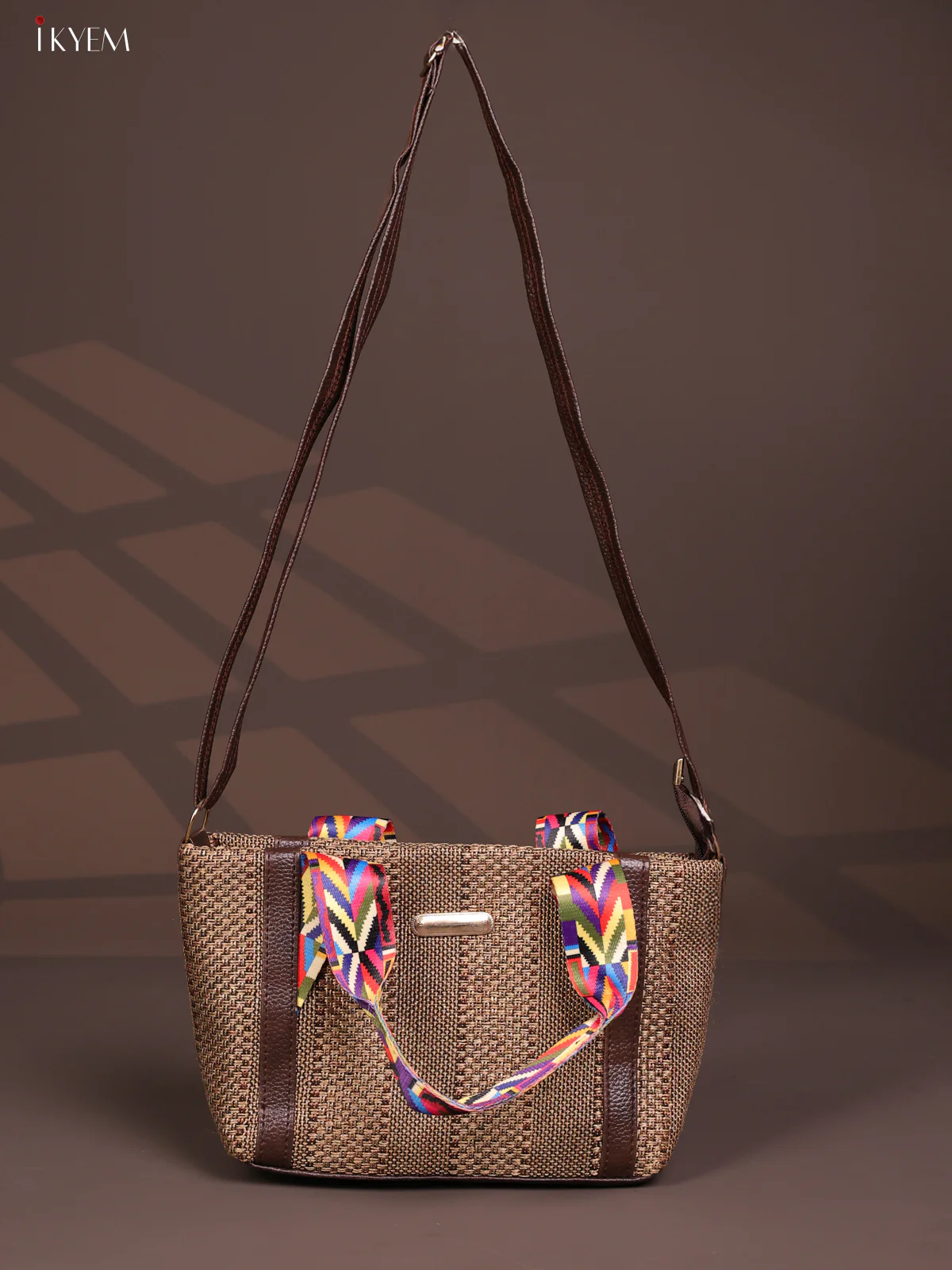 Jute Printed Handle with Leather Sling Handbag - Brown - KD26830 - Image 4