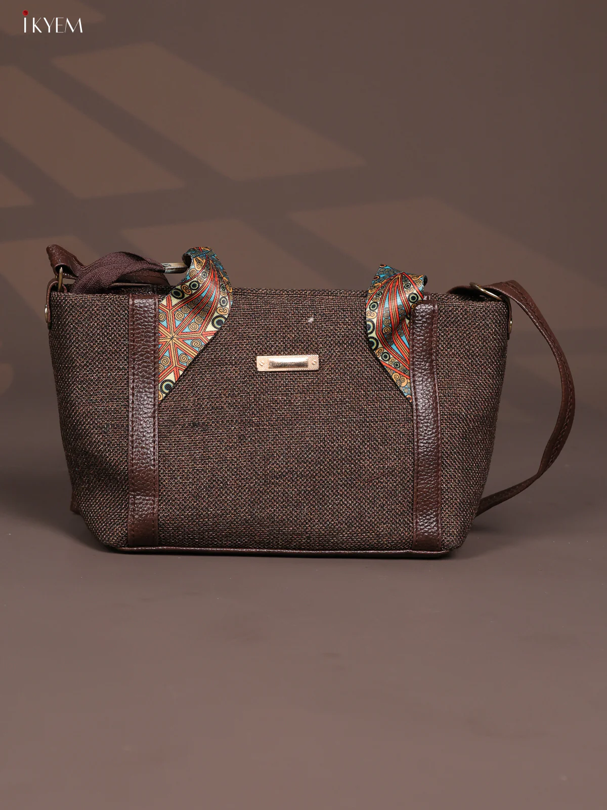 Jacquard Printed Handle with Leather Sling Bag - Dark Brown - KD26833