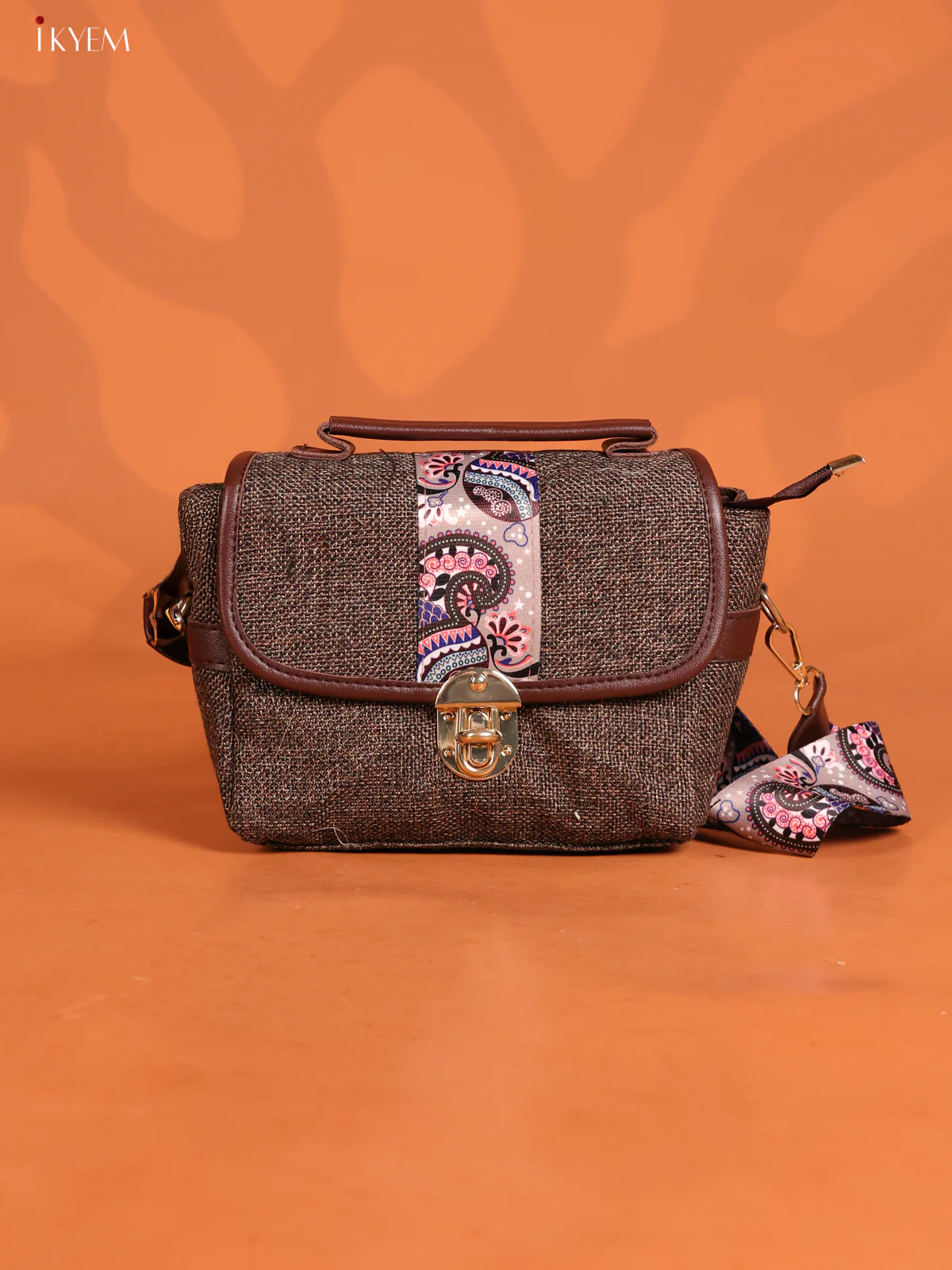 Jacquard Gusset & Flap Printed Sling bag with 2 Compartments - Brown - KD26841