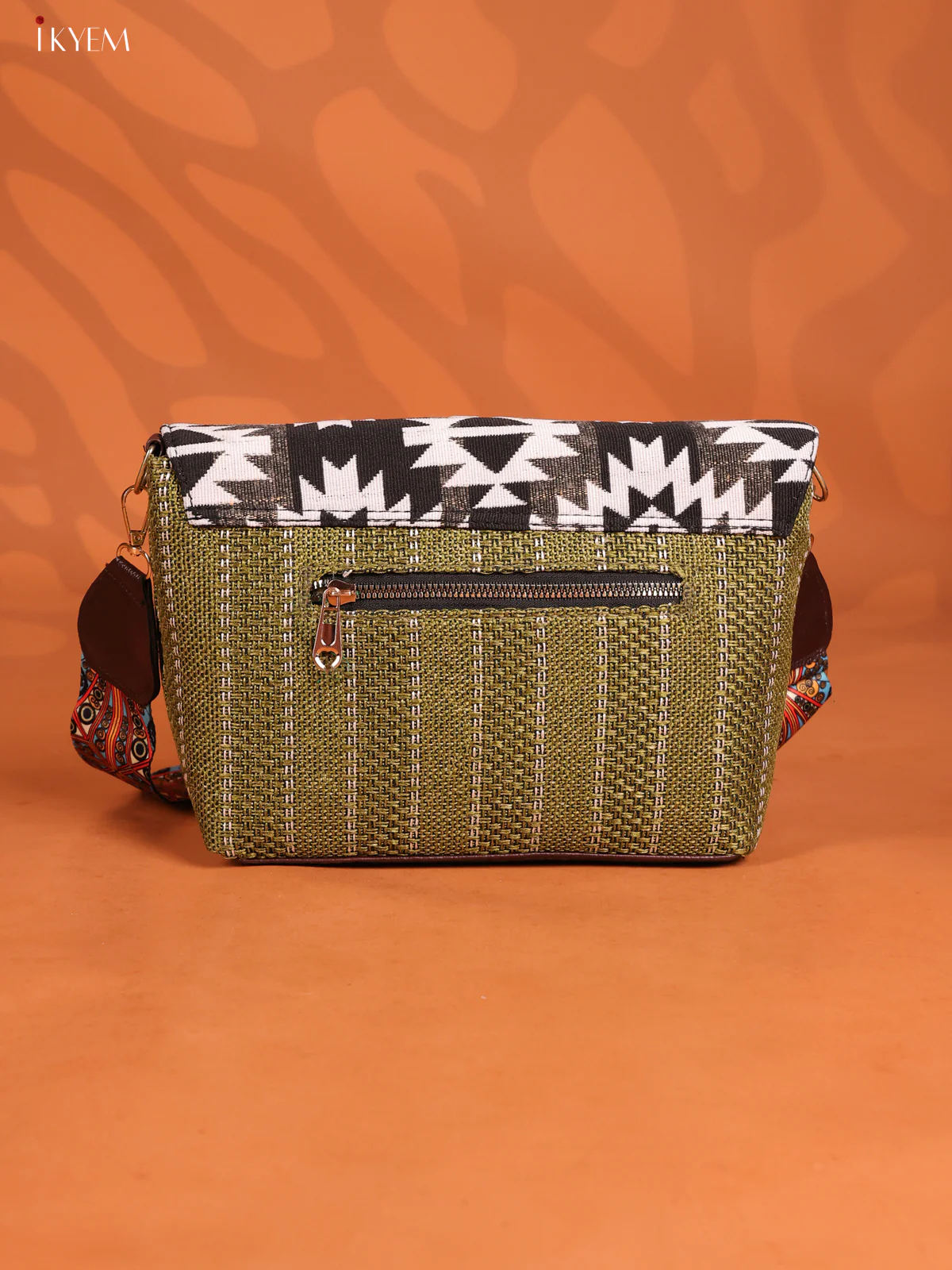Jacquard Ikat Printed Sling Bag with 3 compartments - Green - KD26862 - Image 2