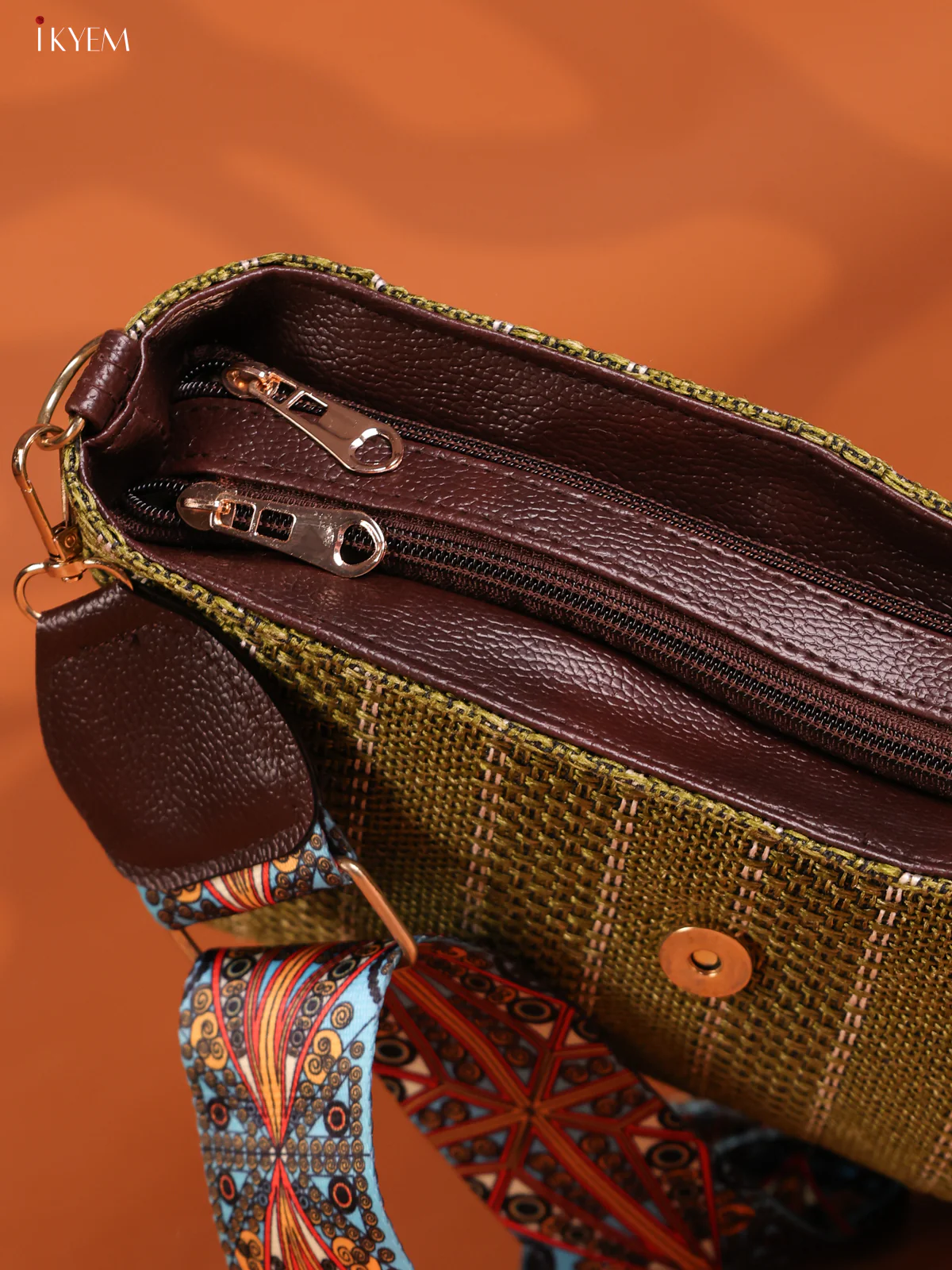 Jacquard Ikat Printed Sling Bag with 3 compartments - Green - KD26862 - Image 3