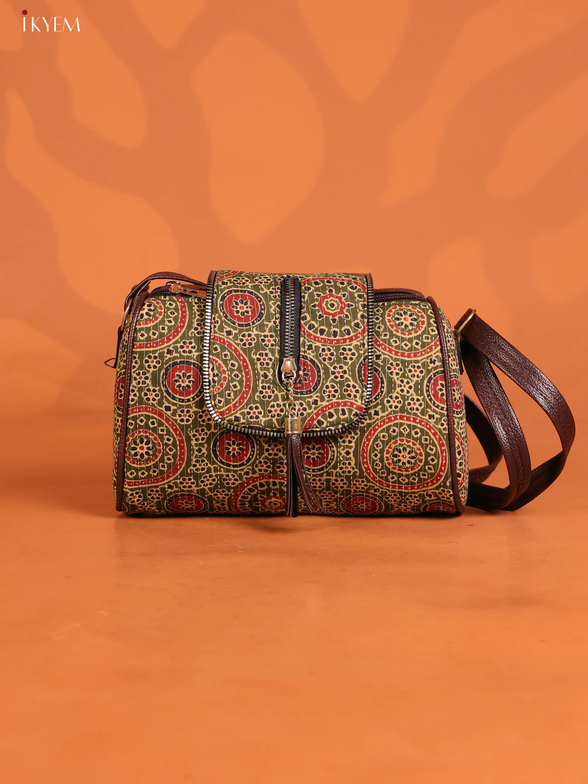 Jacquard Ajrakh Printed Leather Sling bag 3 Compartments - Green -KD26879