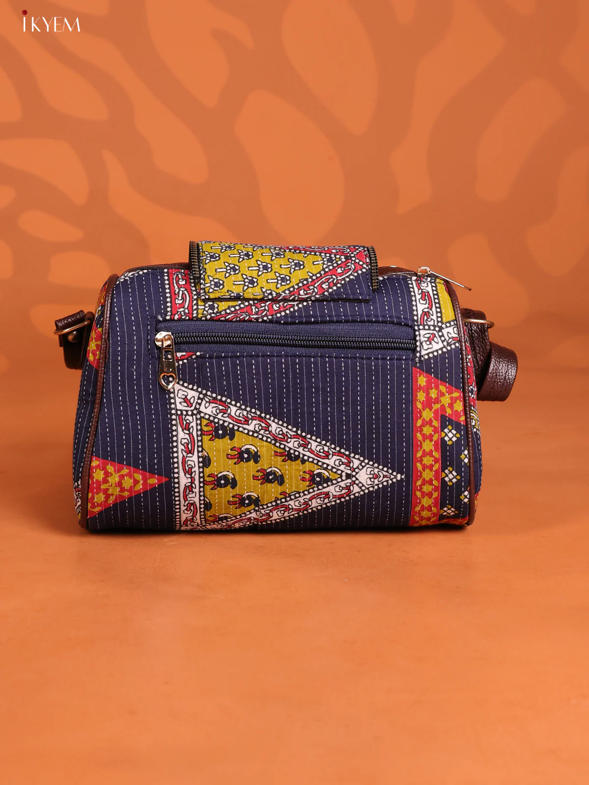 Jacquard Ikat Printed Leather Sling bag 3 Compartments - Navy Blue - KD26883 - Image 2