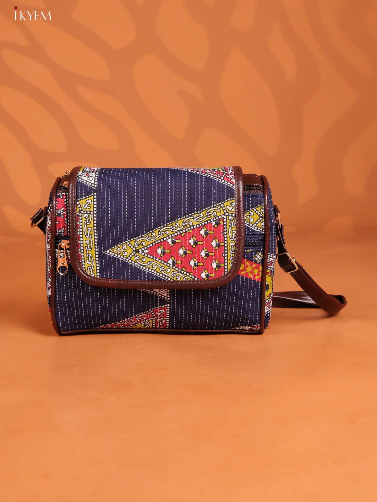 Ikat Printed Leather Sling Bag with 3 Compartments -indico Blue - KD26886