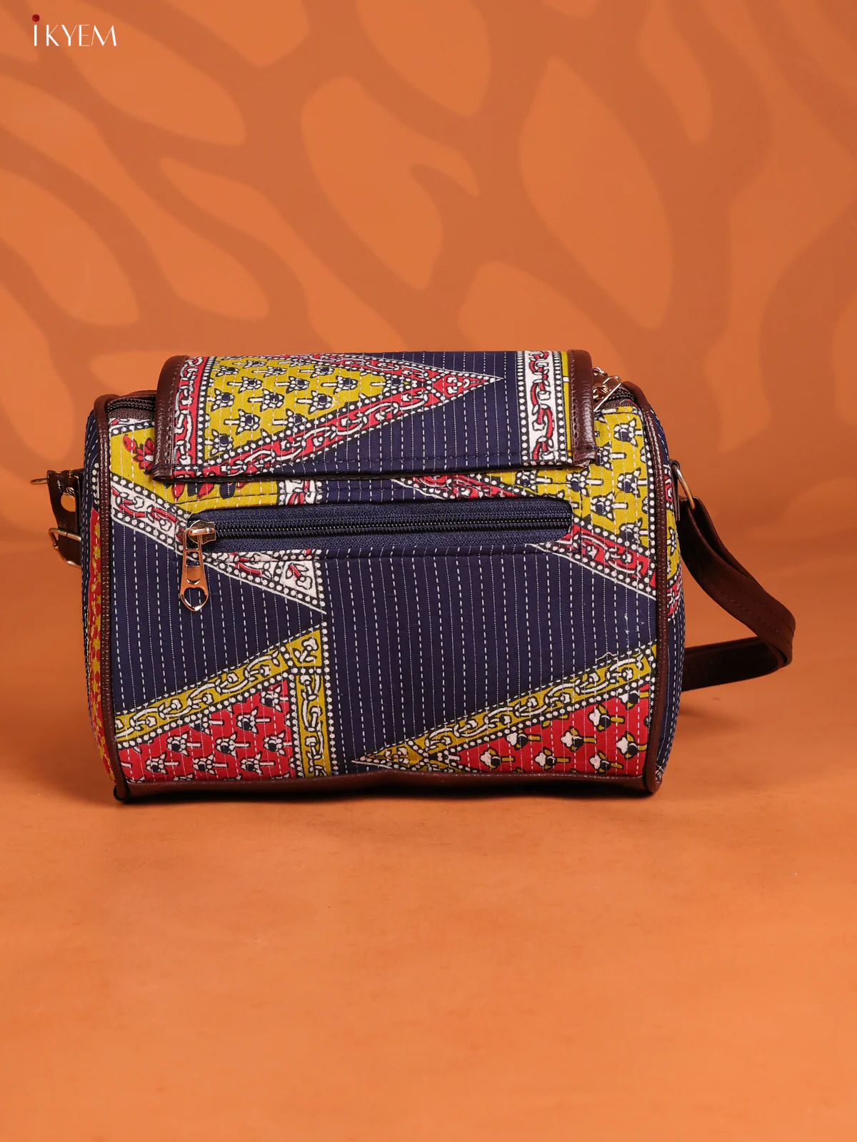 Ikat Printed Leather Sling Bag with 3 Compartments -indico Blue - KD26886 - Image 2