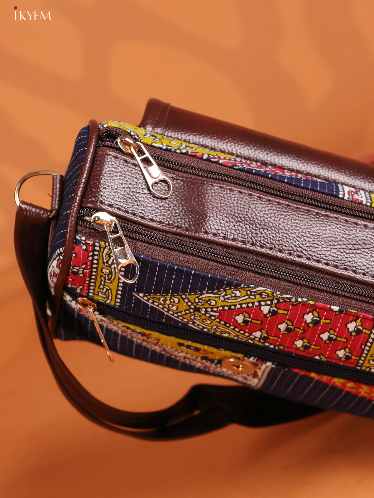 Ikat Printed Leather Sling Bag with 3 Compartments -indico Blue - KD26886 - Image 3