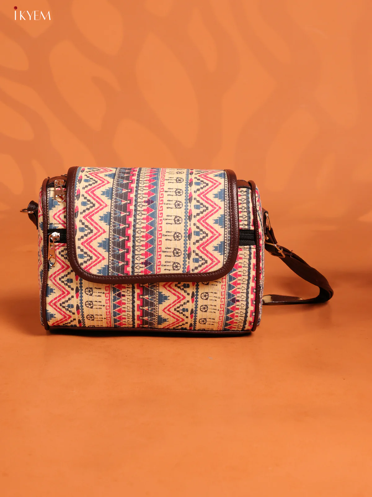 Ikat Printed Leather Sling Bag with 3 Compartments - Multicolour - KD26888