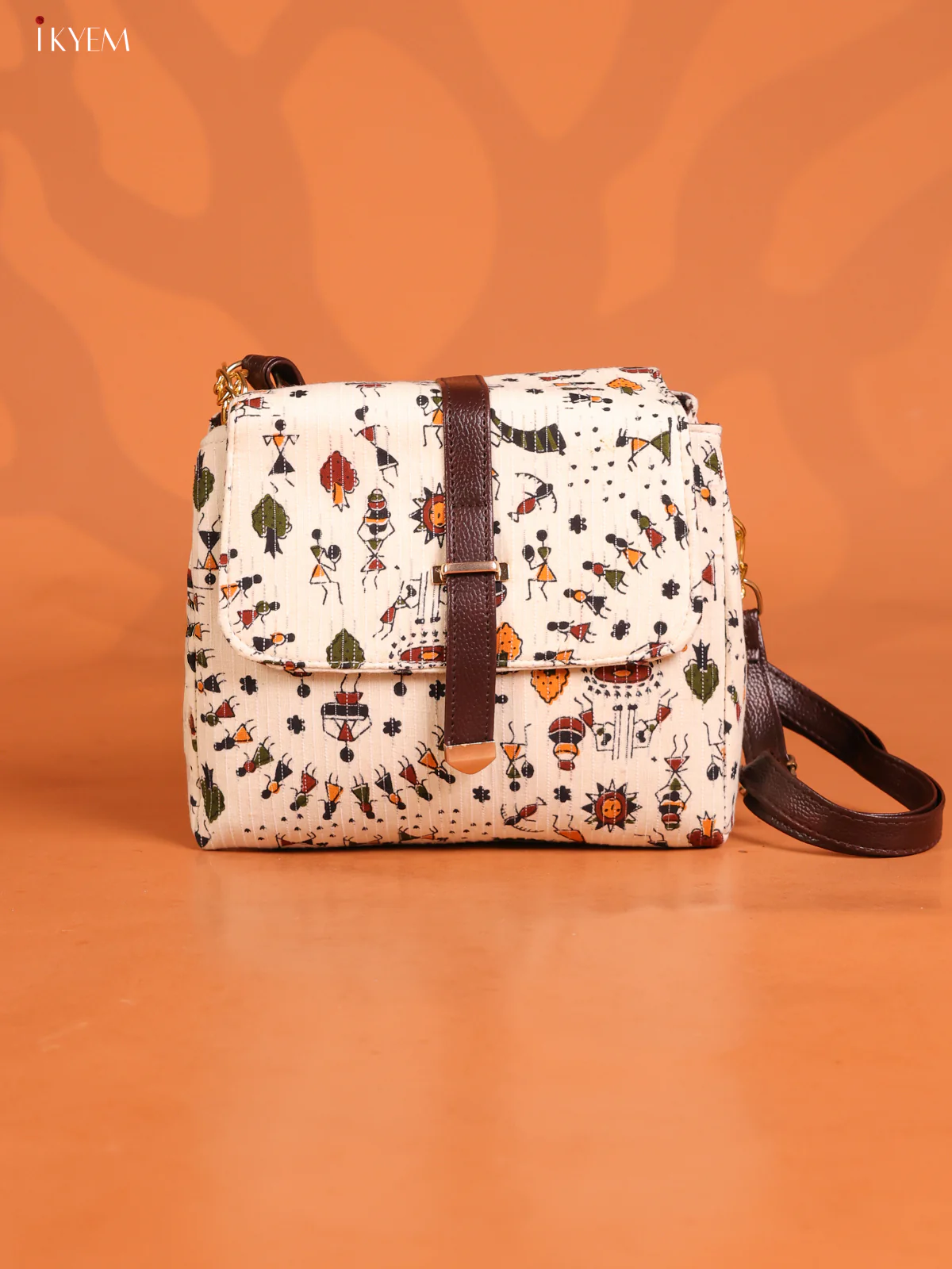 Jacquard Warli Printed Leather sling bag with 3 compartments - Off white