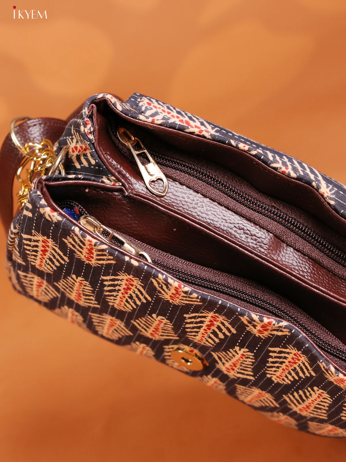 Cotton Ikat Printed Leather sling Bag with 3 compartments- Navy Blue with Red - KD26893 - Image 3