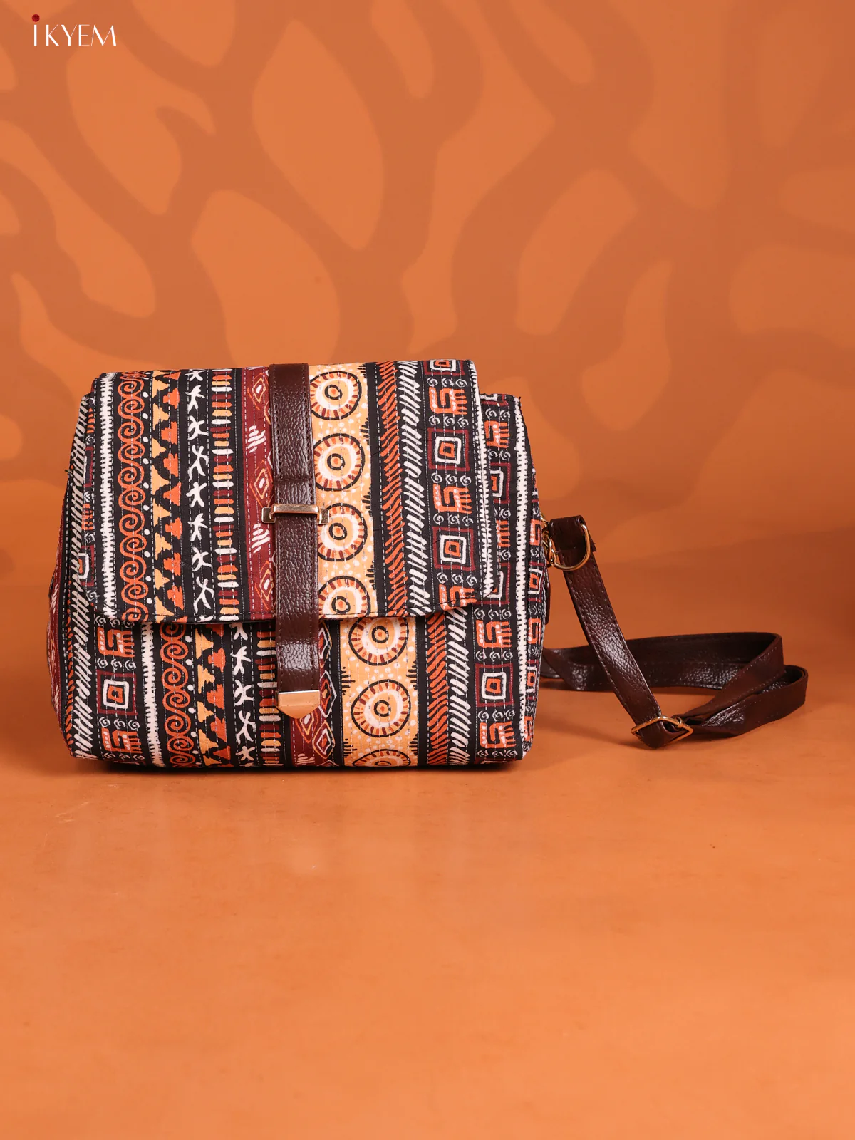 Jacquard Printed Leather sling bag with 3 compartments- Multicolour -KD26896