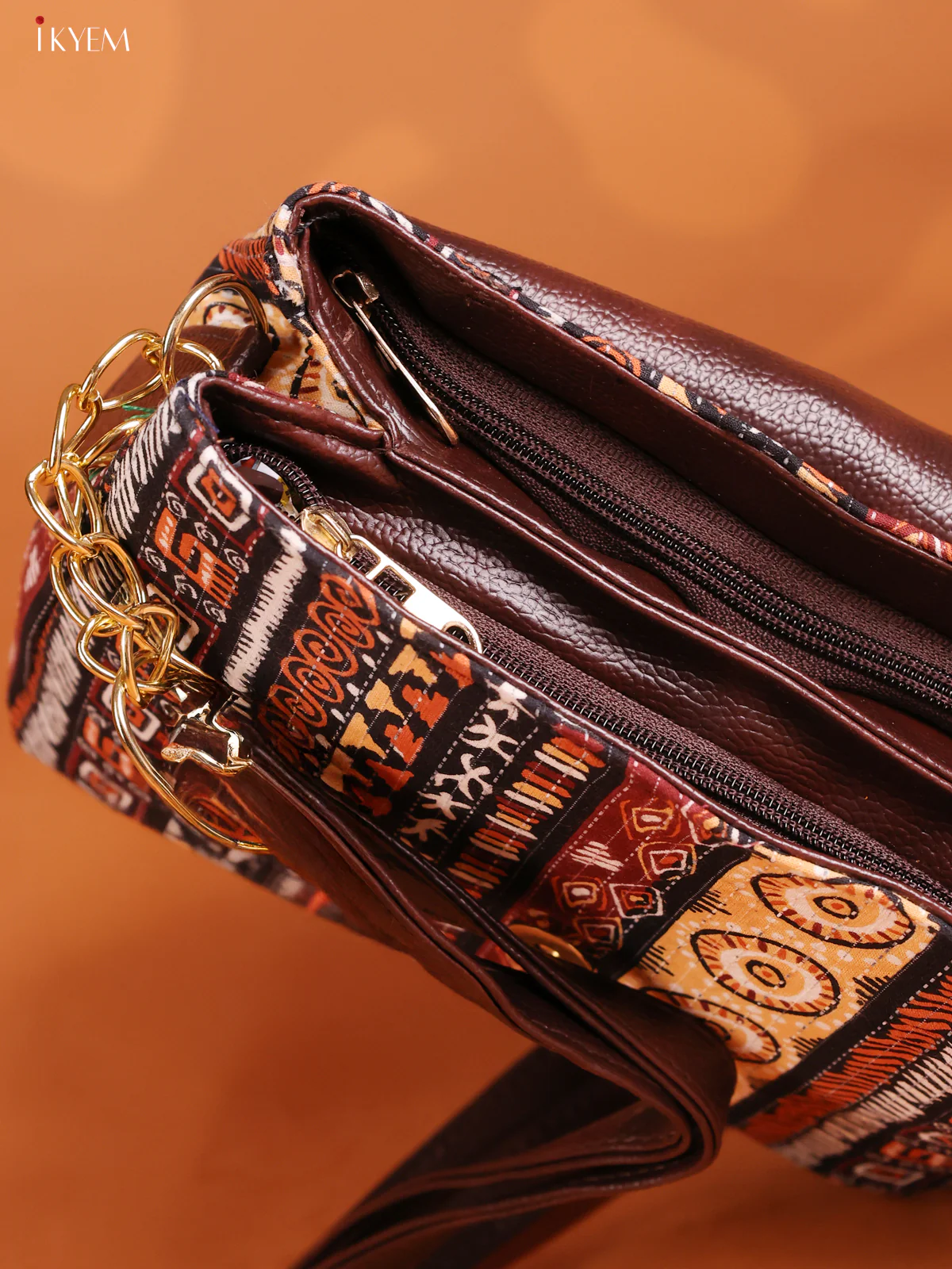 Jacquard Printed Leather sling bag with 3 compartments- Multicolour -KD26896 - Image 3
