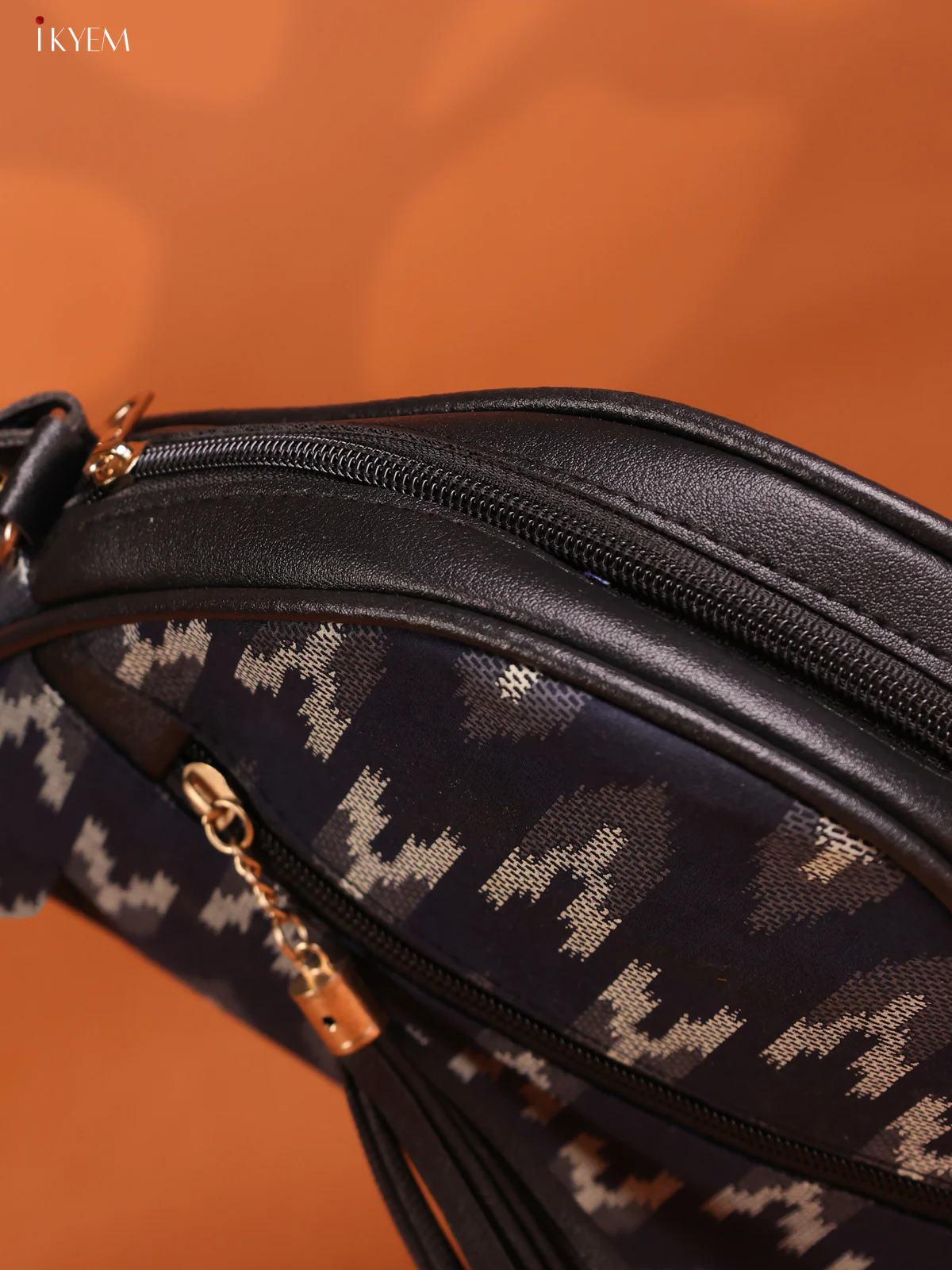 Cotton Triangle Ikat Printed Leather Sling Bag with 3 compartments - Blue - KD26911 - Image 3