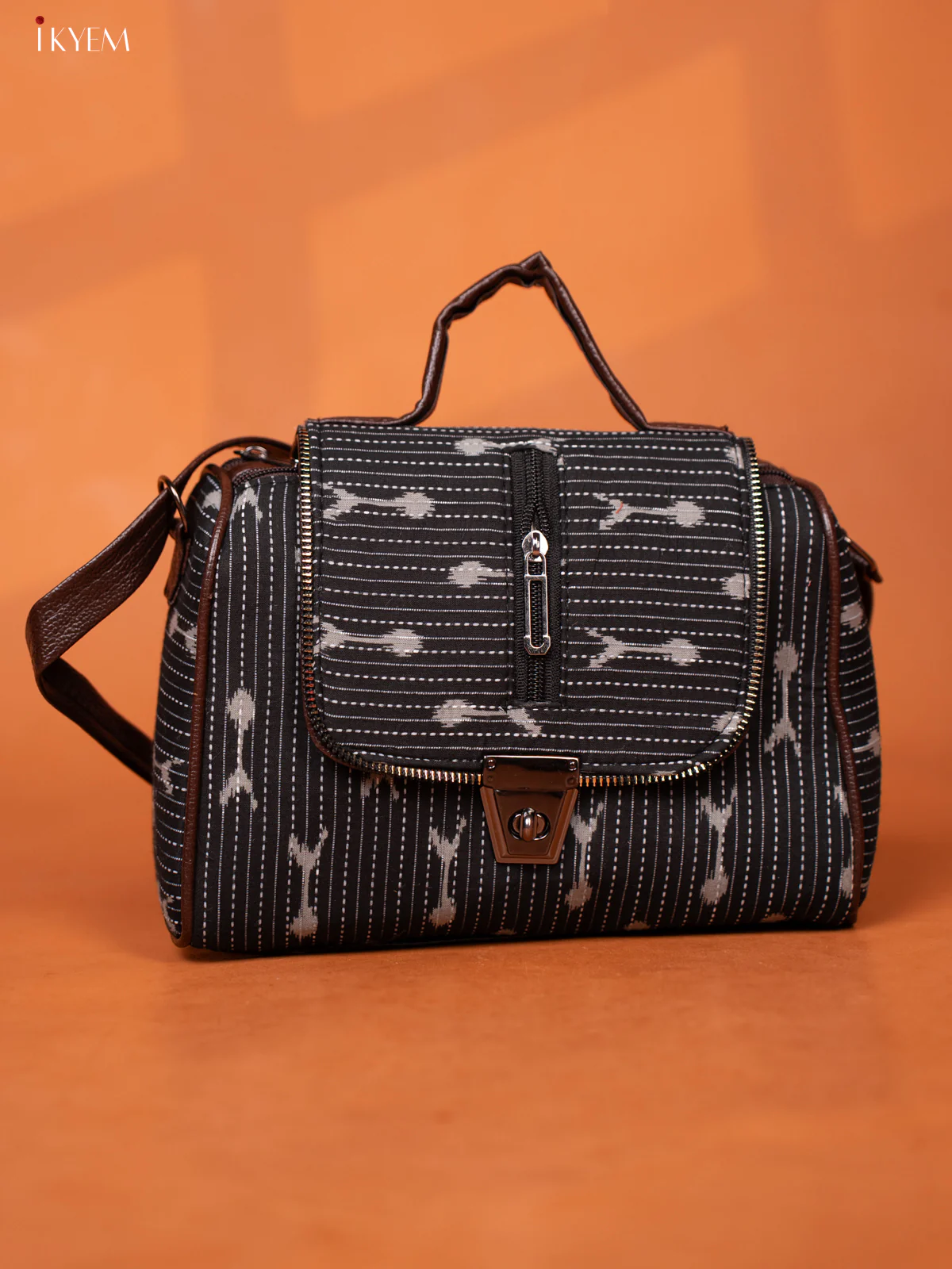 Ikkat Printed Leather Sling bag with Gusset & Flap - Black - KD26937
